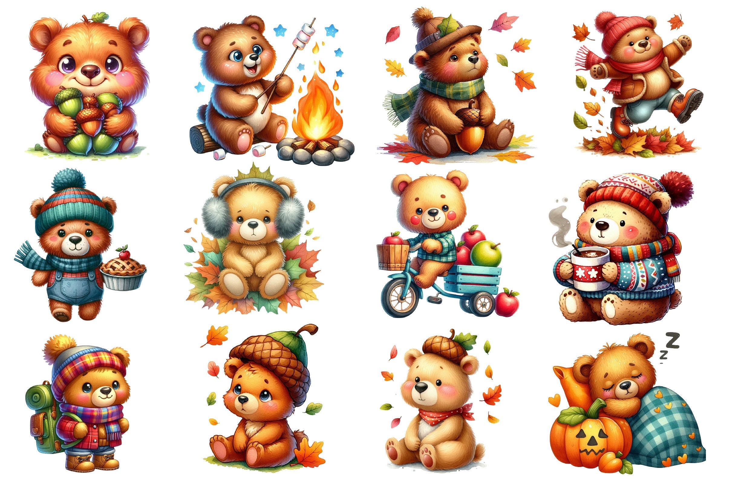 Cute Bear Character In Autumn Season Clipart Bundle - CraftNest - Digital Crafting and Art