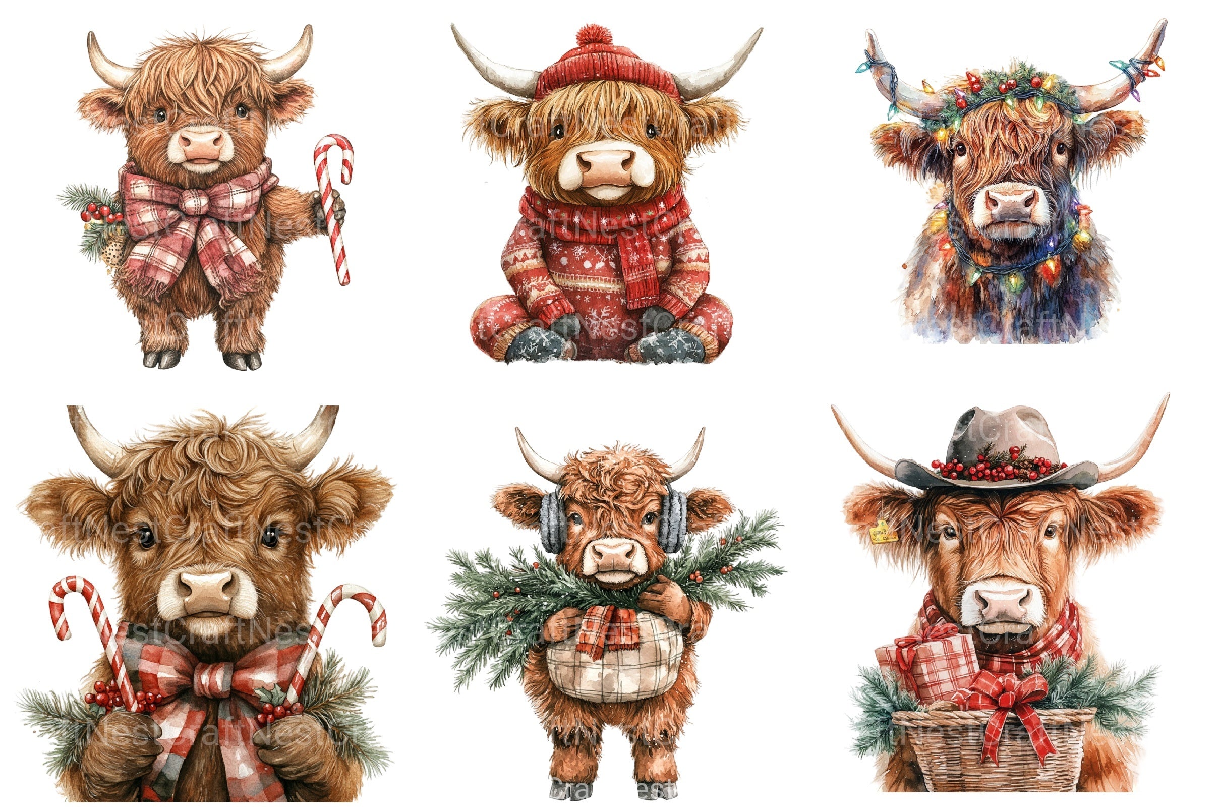 Christmas Highland Cow Clipart Bundle 1 - CraftNest - Digital Crafting and Art