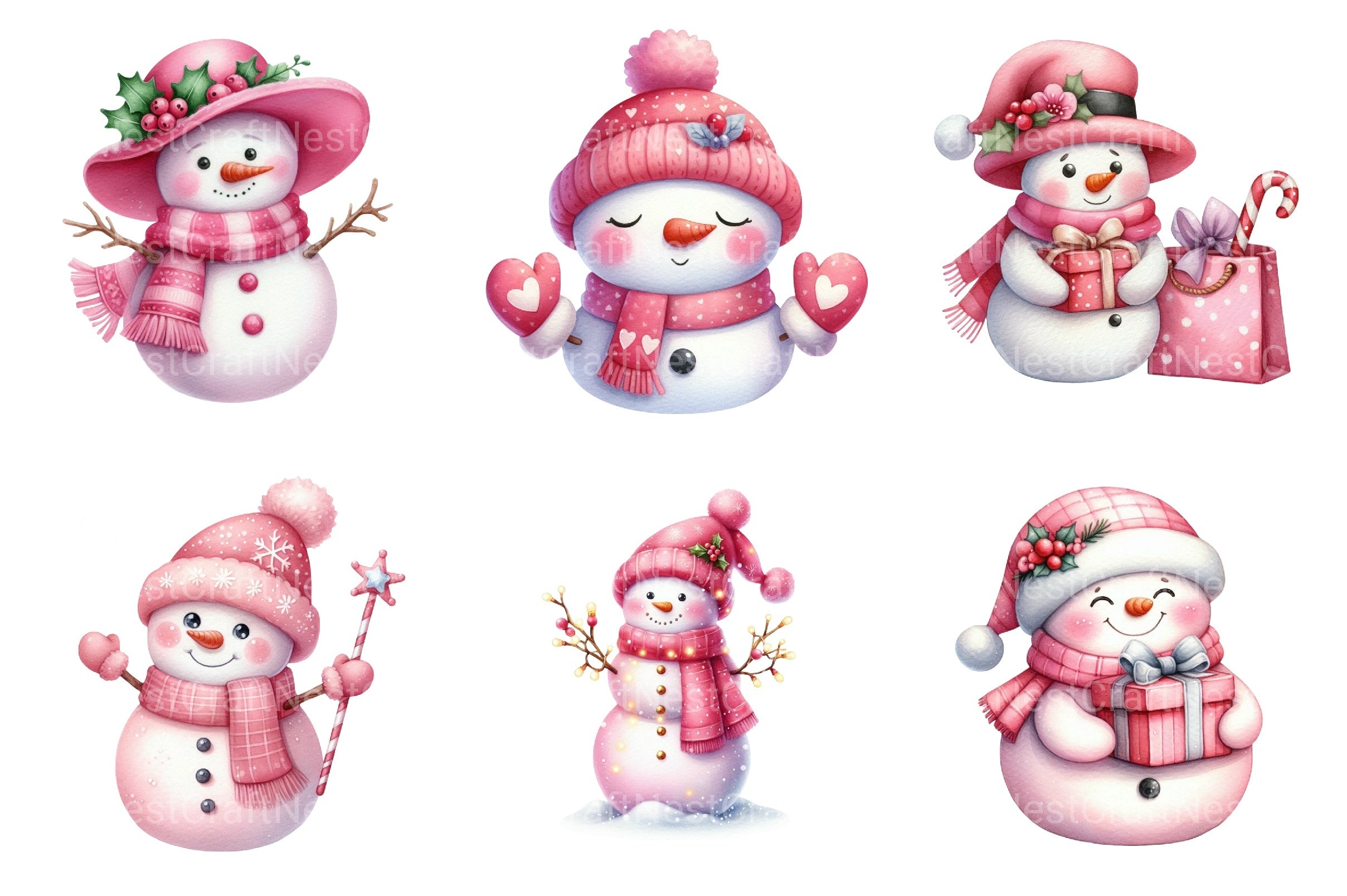 Festive Pink Snowman Christmas Clipart Bundle - CraftNest - Digital Crafting and Art