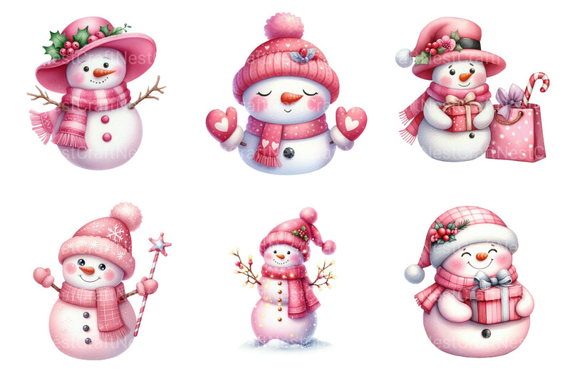 Festive Pink Snowman Christmas Clipart Bundle - CraftNest - Digital Crafting and Art