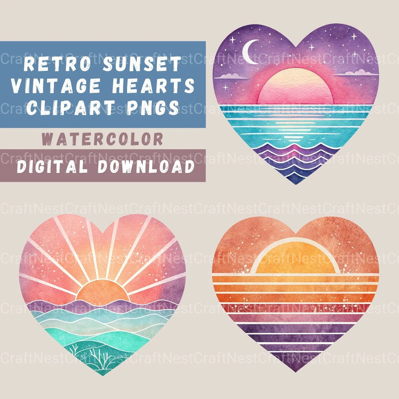 Retro Sunset Hearts Clipart Bundle - CraftNest - Digital Crafting and Art