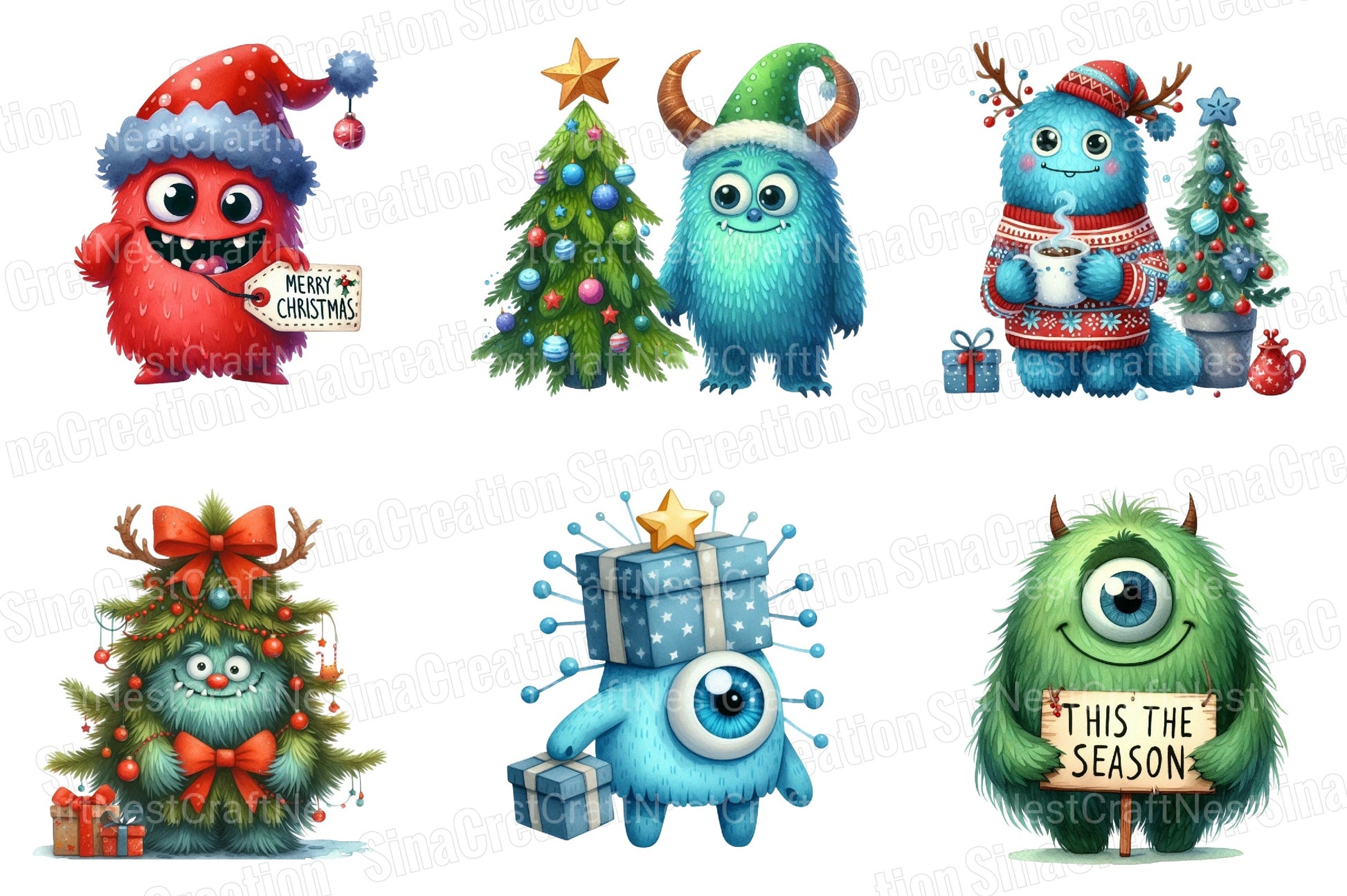 Christmas Monster Clipart Bundle: Transparent Graphics - CraftNest - Digital Crafting and Art