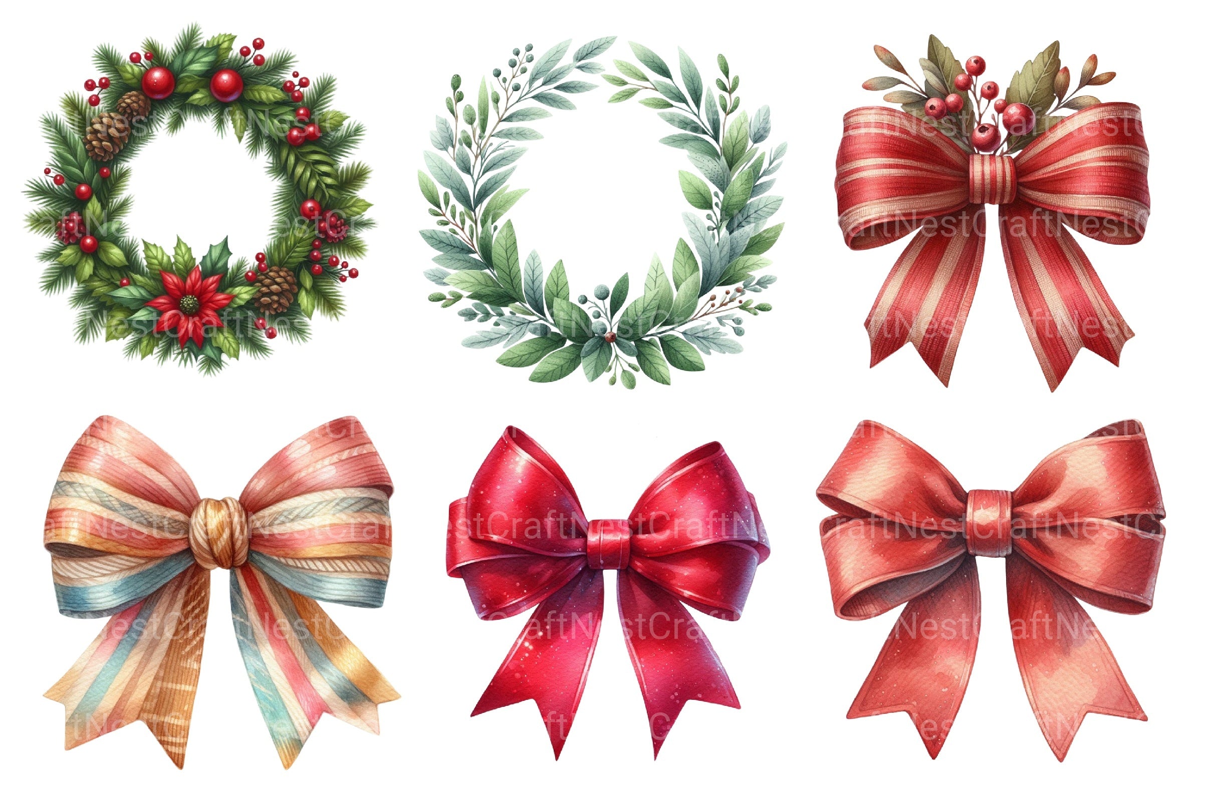 Christmas Wreaths & Bows Clipart Bundle - CraftNest - Digital Crafting and Art