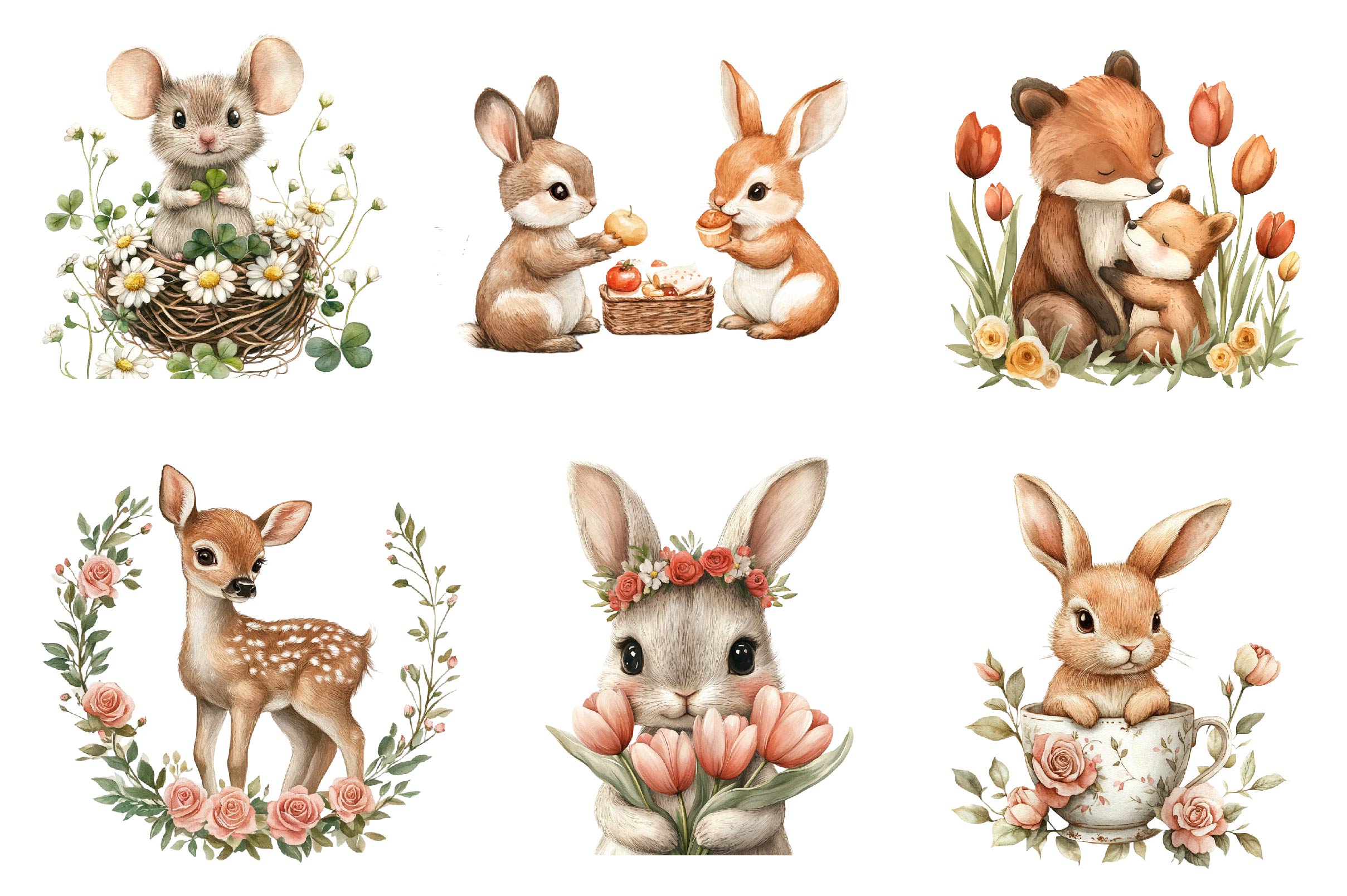 Woodland Spring Floral Cute Animal Clipart Bundle - CraftNest - Digital Crafting and Art