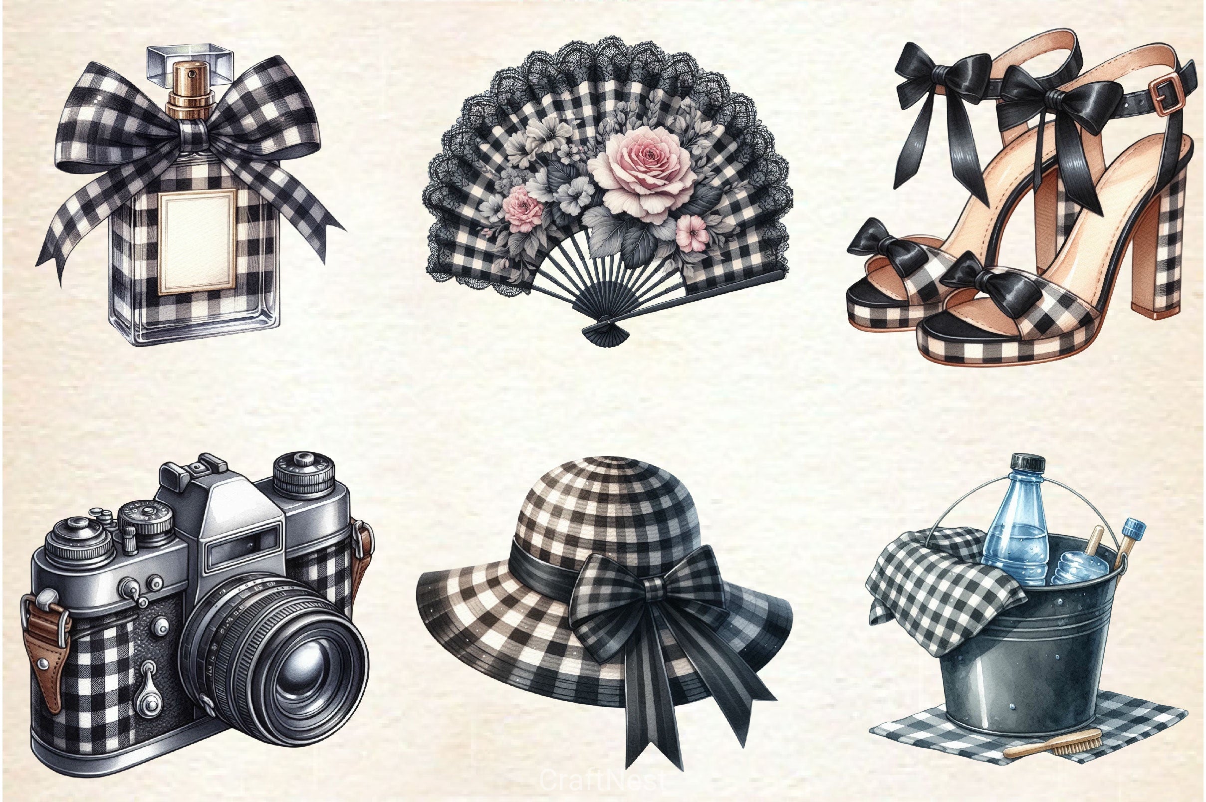 Luxury Black Gingham Summer Clipart Bundle - CraftNest - Digital Crafting and Art