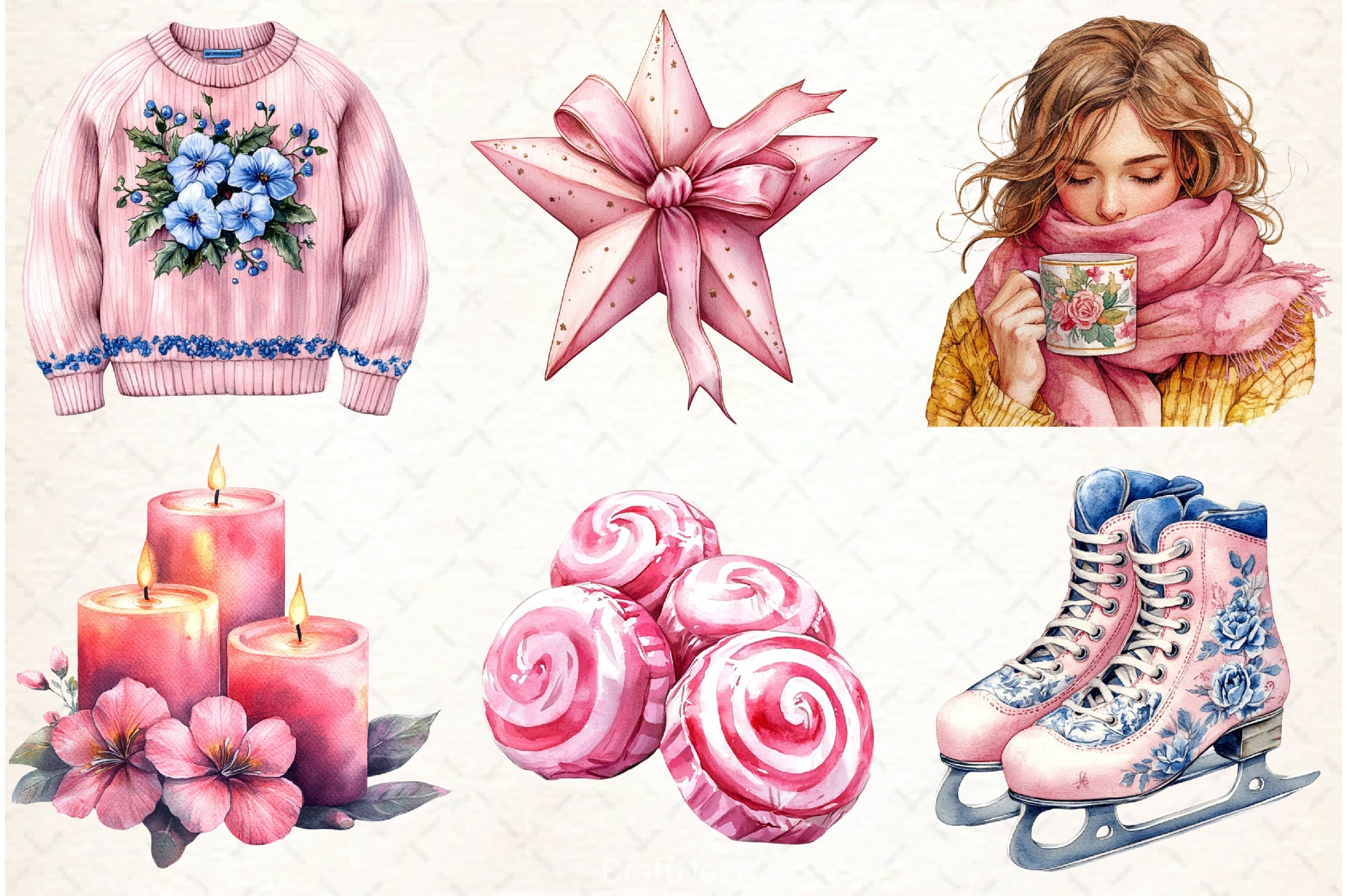 Pink Chinoiserie Christmas Clipart Bundle - CraftNest - Digital Crafting and Art