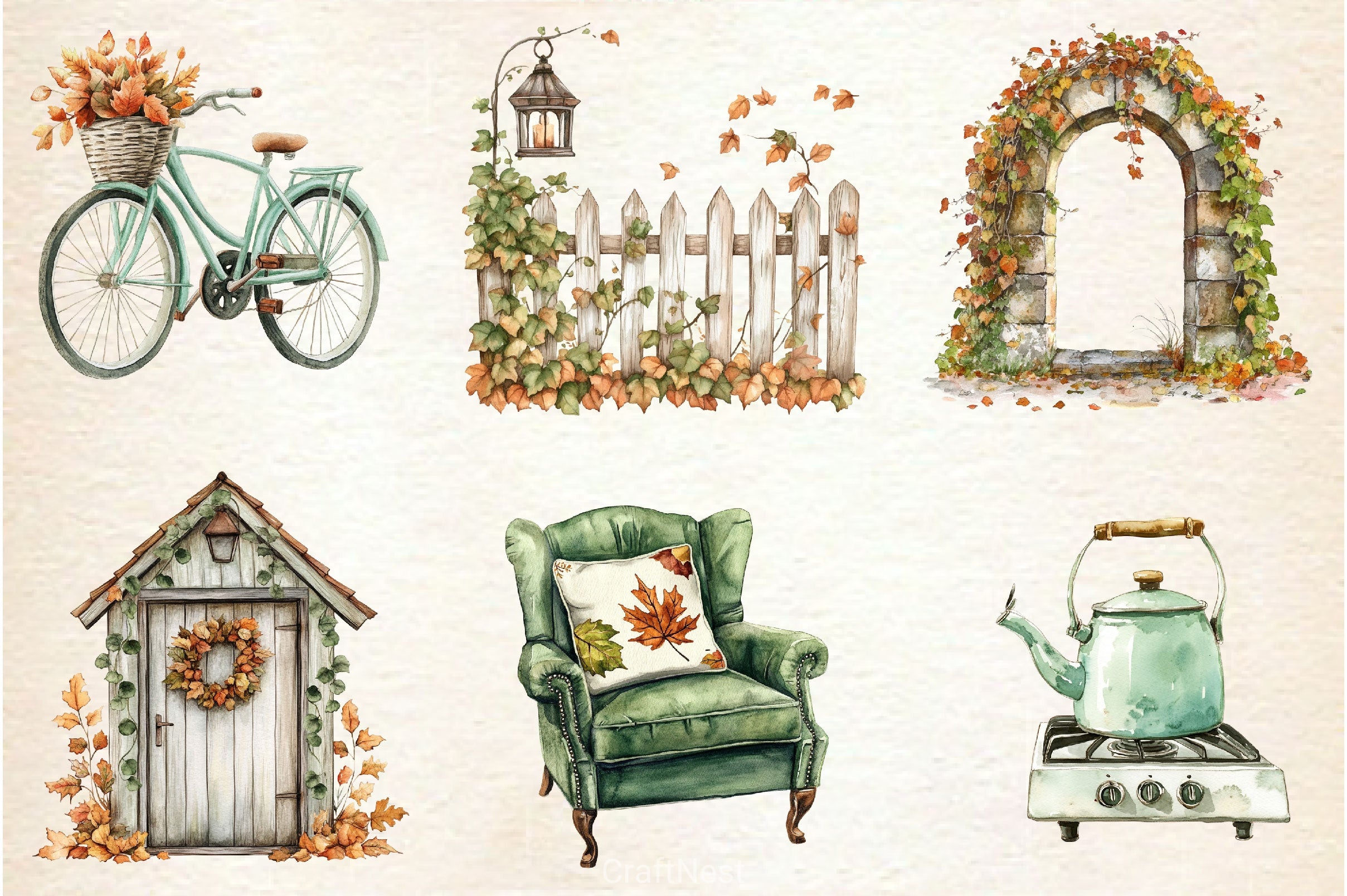 Cozy Green Autumn Clipart Bundle - CraftNest - Digital Crafting and Art