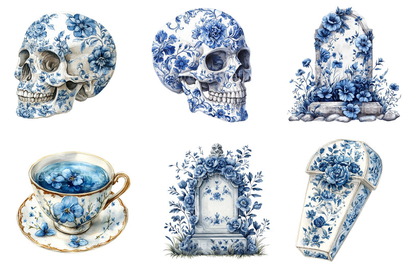 Blue & Ivory Chinoiserie Halloween Clipart Bundle - CraftNest - Digital Crafting and Art