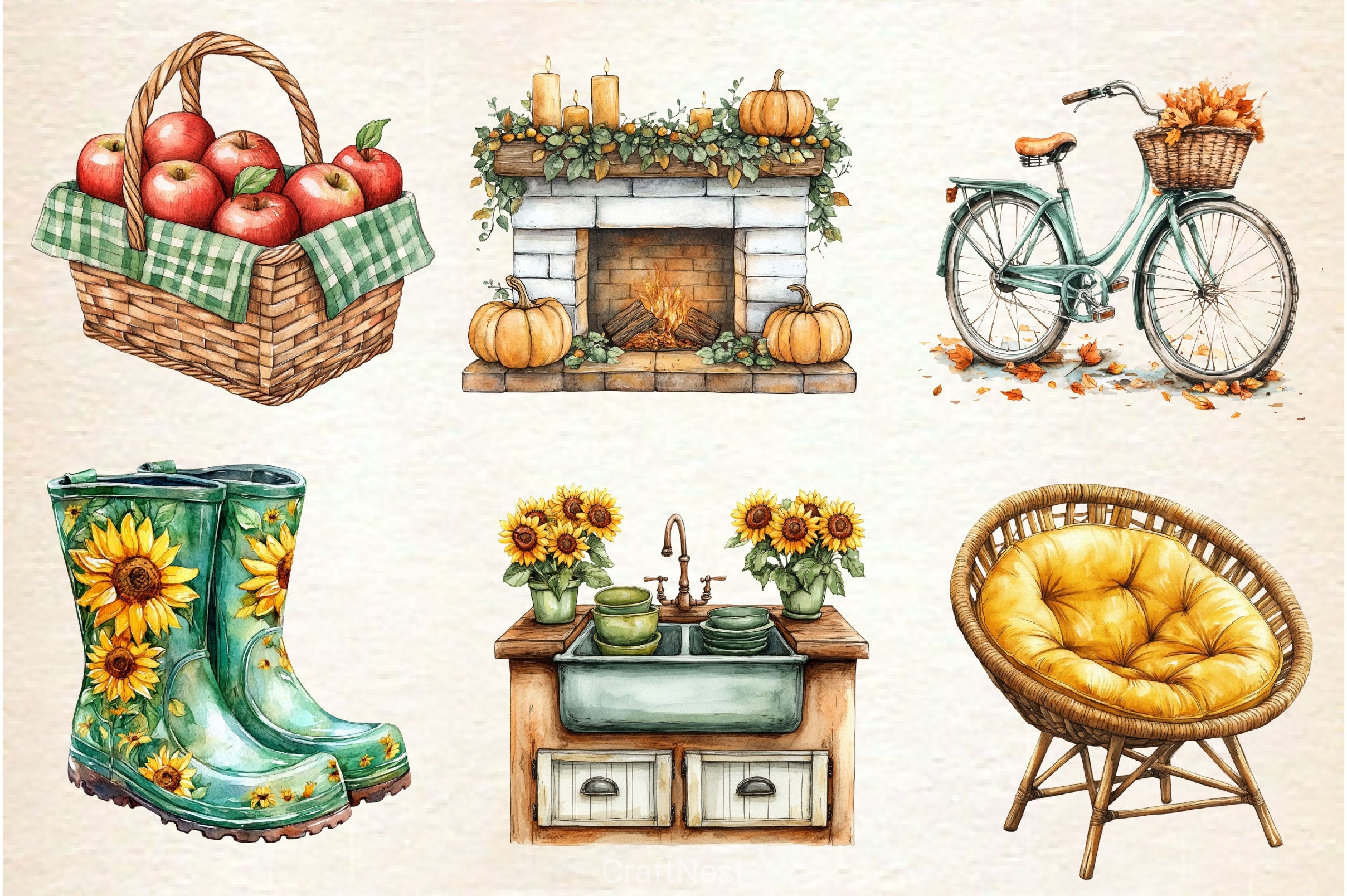 Yellow Green Autumn Cottage Clipart Bundle 2 - CraftNest - Digital Crafting and Art