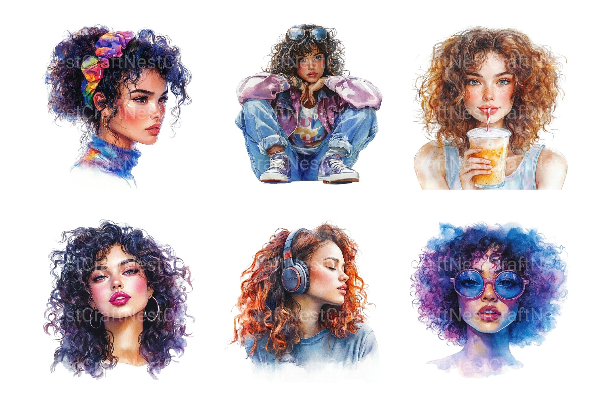 1980s Curly Hair Woman Clipart Bundle - CraftNest - Digital Crafting and Art