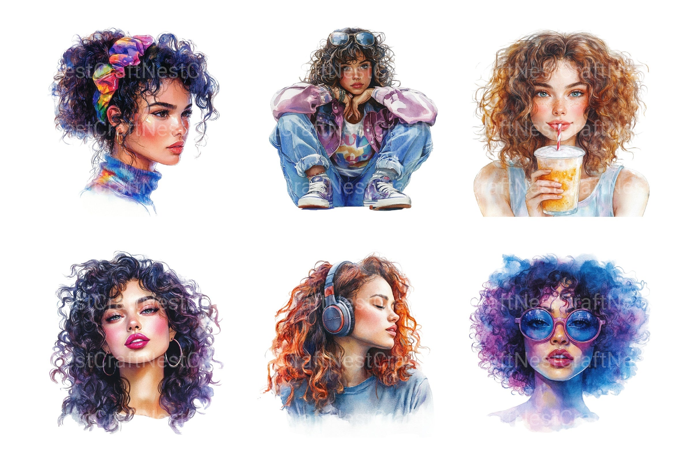 1980s Curly Hair Woman Clipart Bundle - CraftNest - Digital Crafting and Art