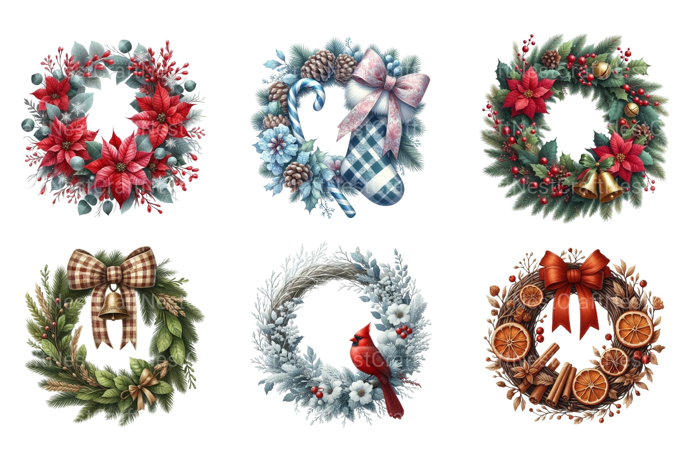 Grandmillennial Christmas Wreath Clipart Bundle for Commercial Use - CraftNest - Digital Crafting and Art