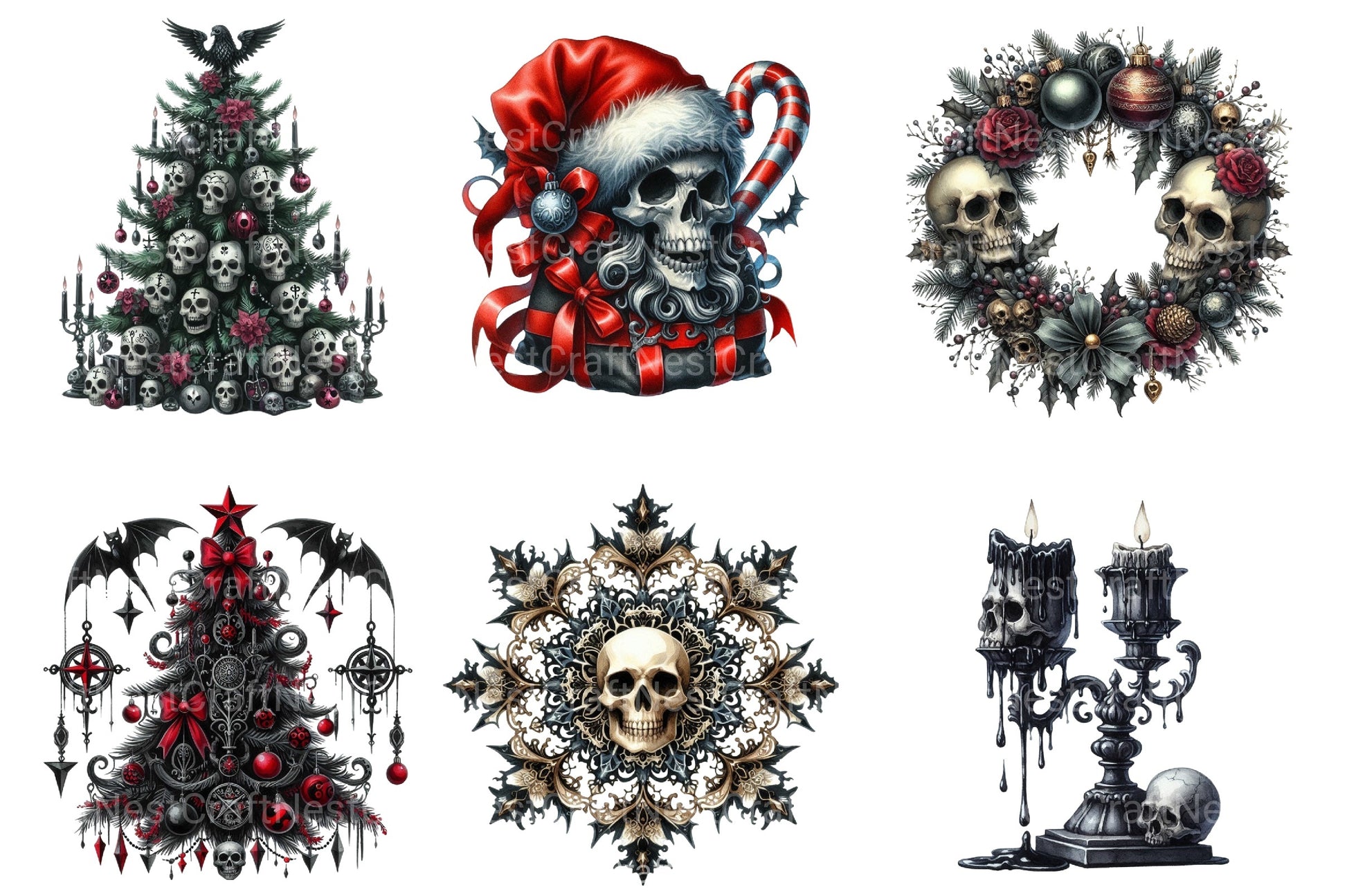 Gothic Christmas Clip Art: Spooky Skull & Raven Graphics Bundle - CraftNest - Digital Crafting and Art