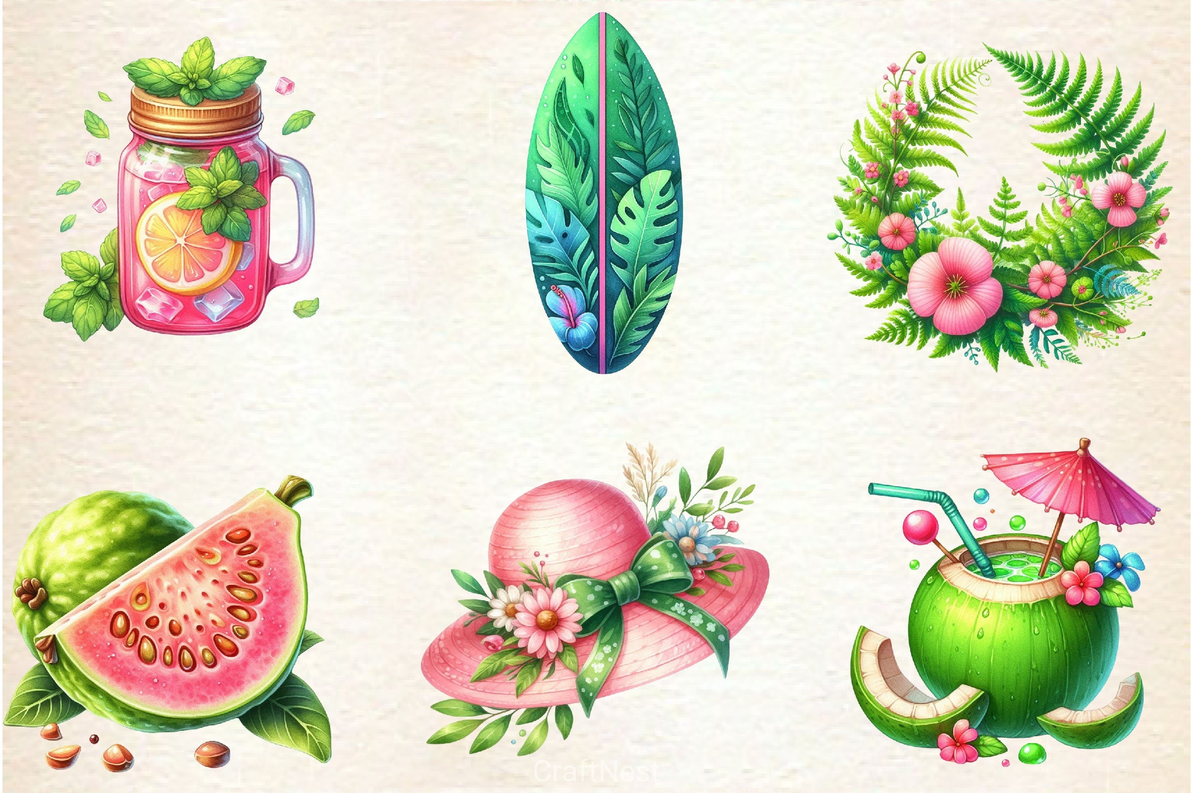 Green & Pink Summer Clipart Bundle 4 - CraftNest - Digital Crafting and Art