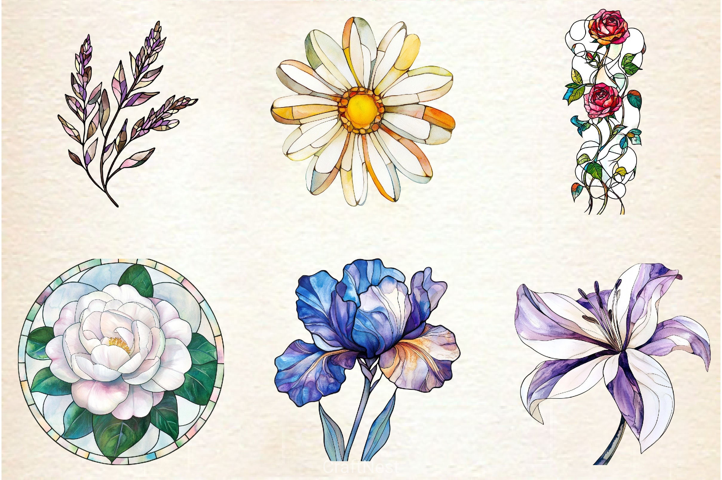 Stained Glass Spring Flowers Clipart Bundle - CraftNest - Digital Crafting and Art