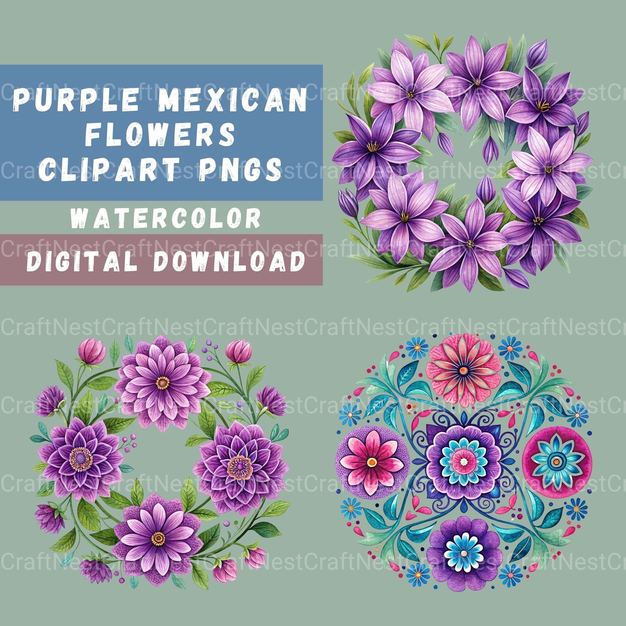 Mexican Flowers Purple Clipart Bundle - CraftNest - Digital Crafting and Art