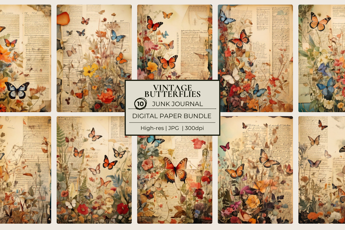 Vintage Butterflies Junk Journal Papers