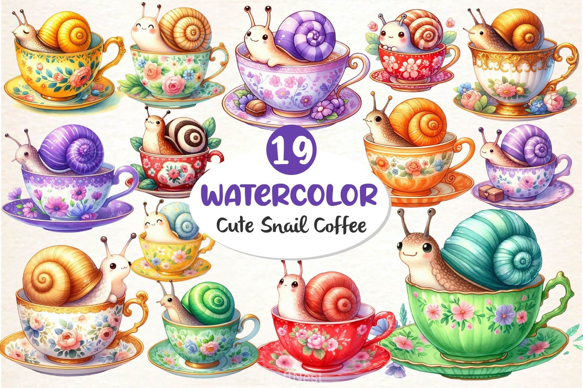 Cute Snail With Coffee Clipart Bundle - CraftNest - Digital Crafting and Art