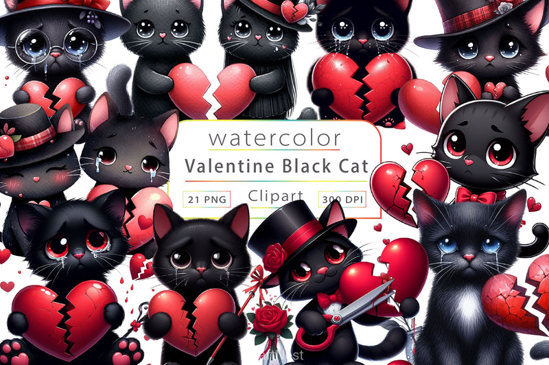 Valentine Heart Broken Black Cat Clipart Bundle - CraftNest - Digital Crafting and Art