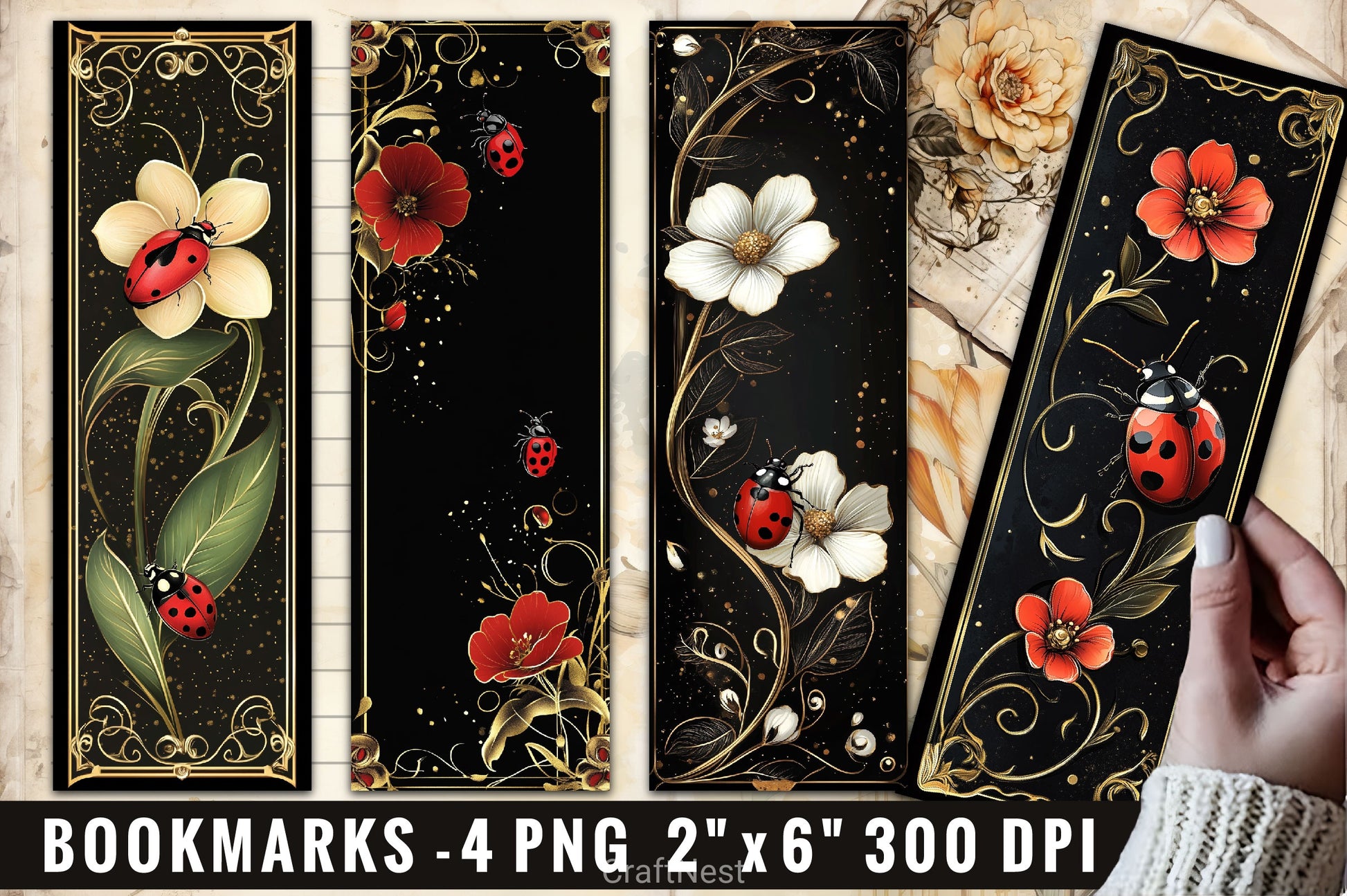 Ladybug Flower Bookmarks Bookmark Junk Journal - CraftNest - Digital Crafting and Art
