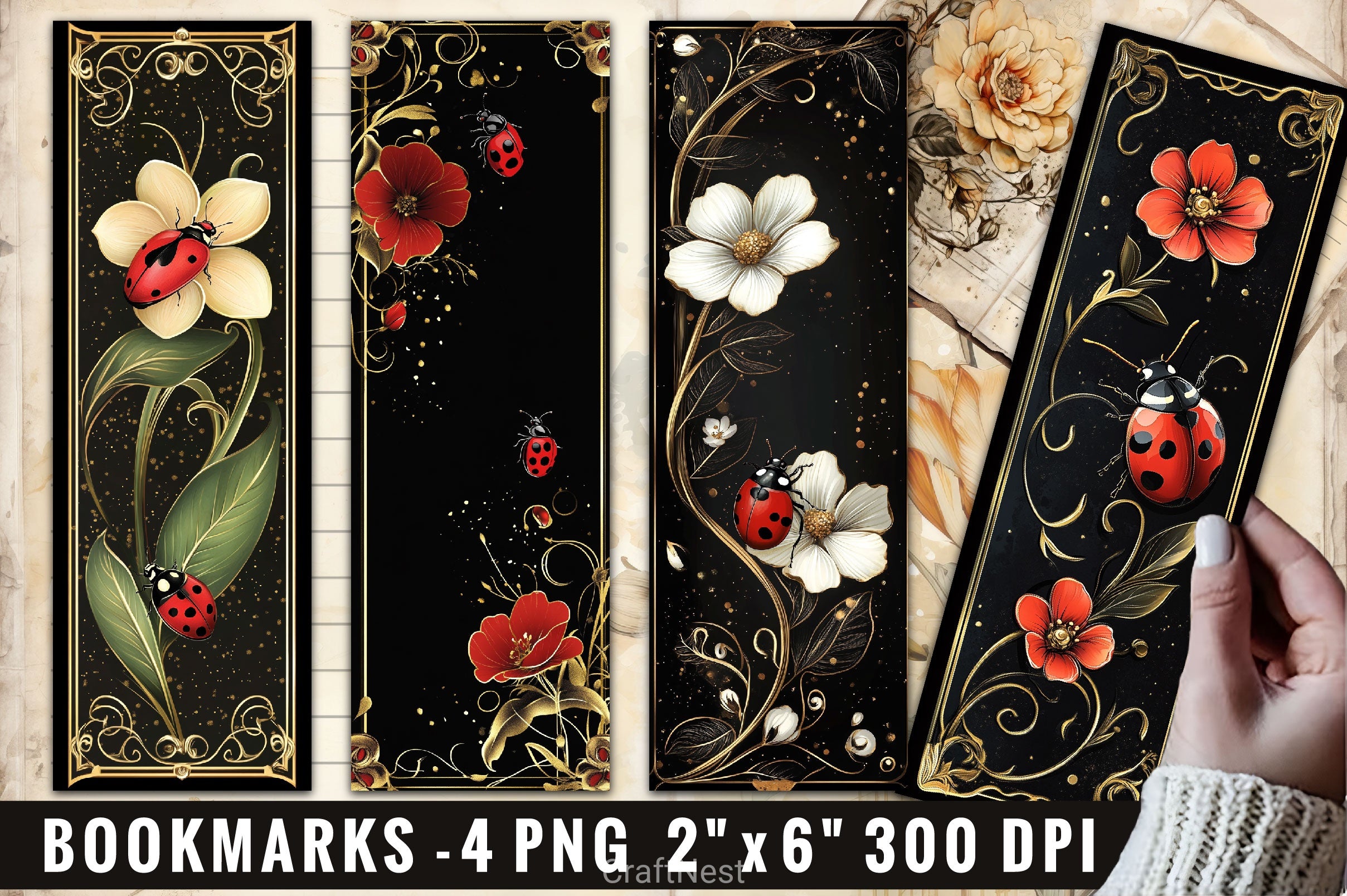 Ladybug Flower Bookmarks Bookmark Junk Journal - CraftNest - Digital Crafting and Art