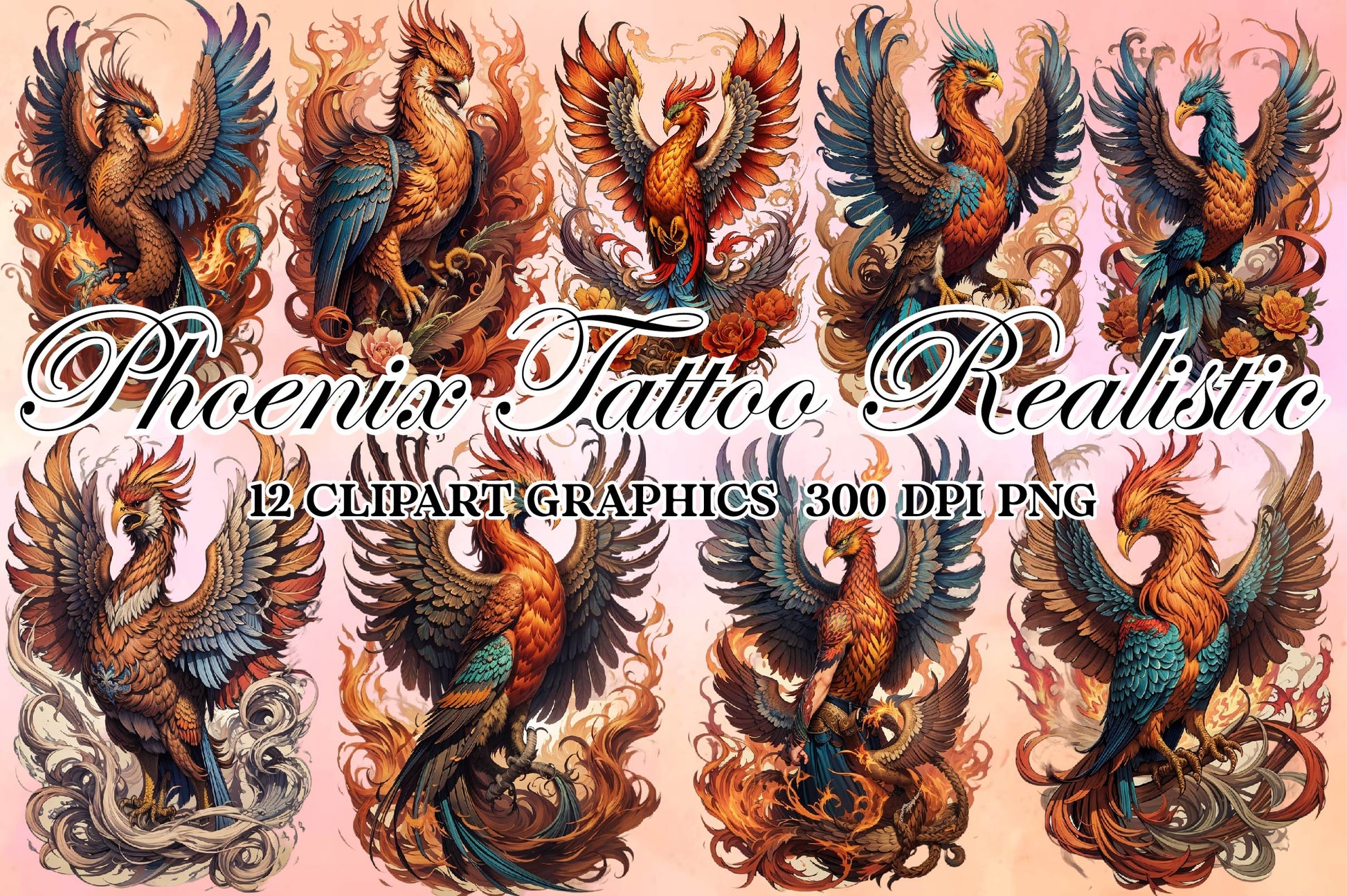 Phoenix Tattoo Realistic Old School Clipart Bundle - CraftNest - Digital Crafting and Art