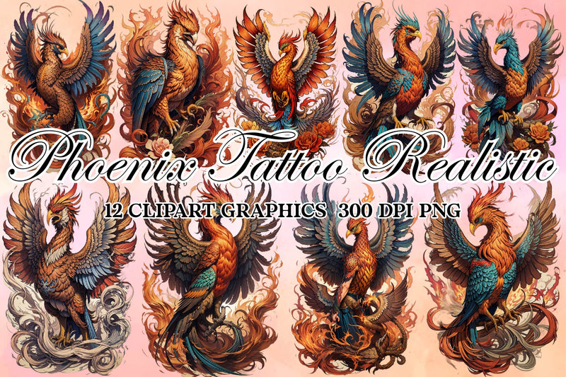 Phoenix Tattoo Realistic Old School Clipart Bundle - CraftNest - Digital Crafting and Art