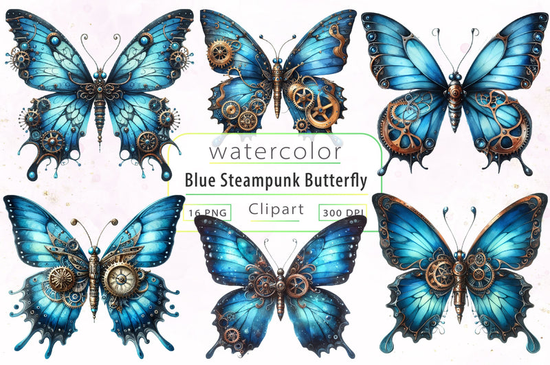 Blue Steampunk Butterfly Clipart Bundle - CraftNest - Digital Crafting and Art