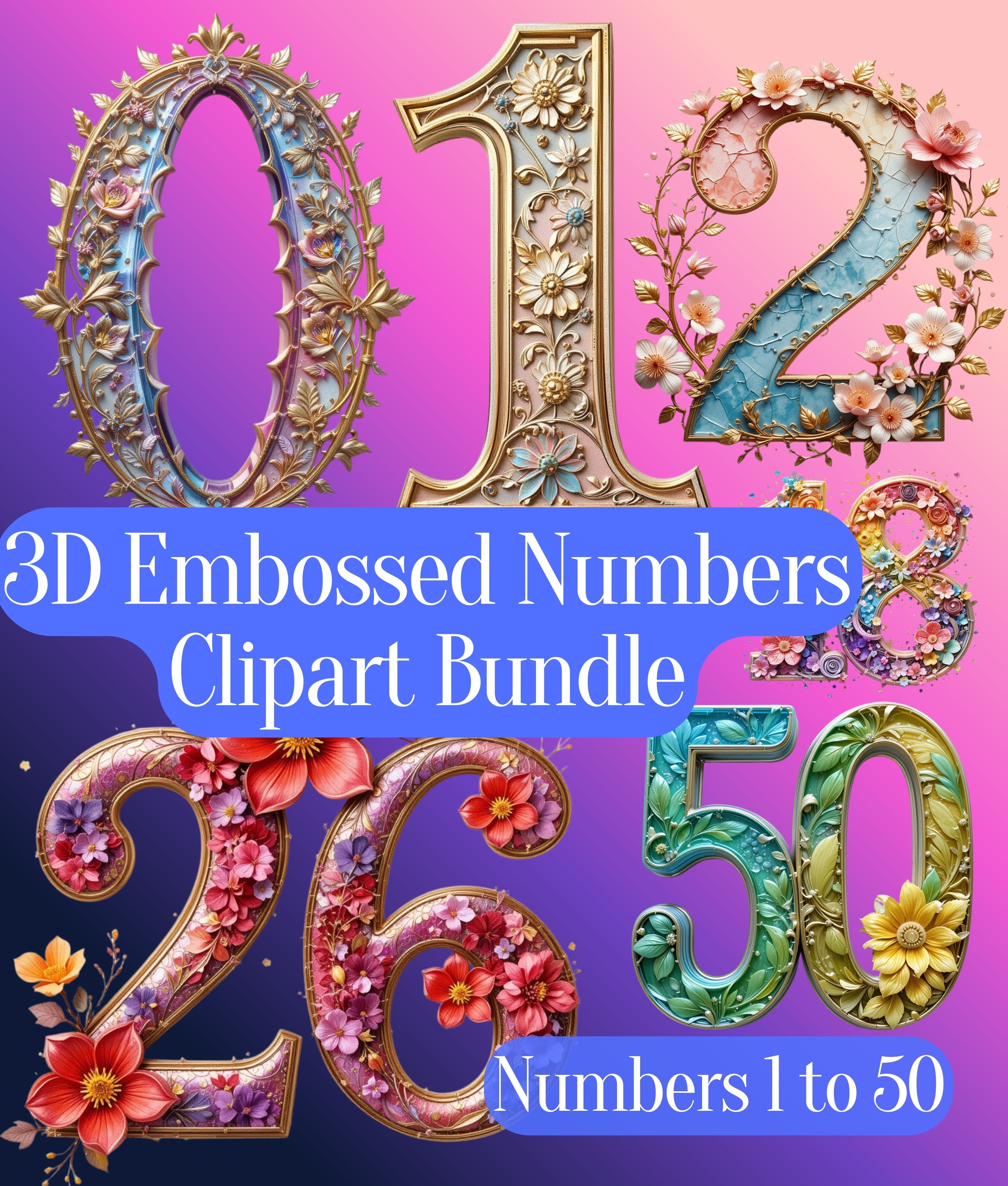 3D Embossed Numbers Clipart Bundle
