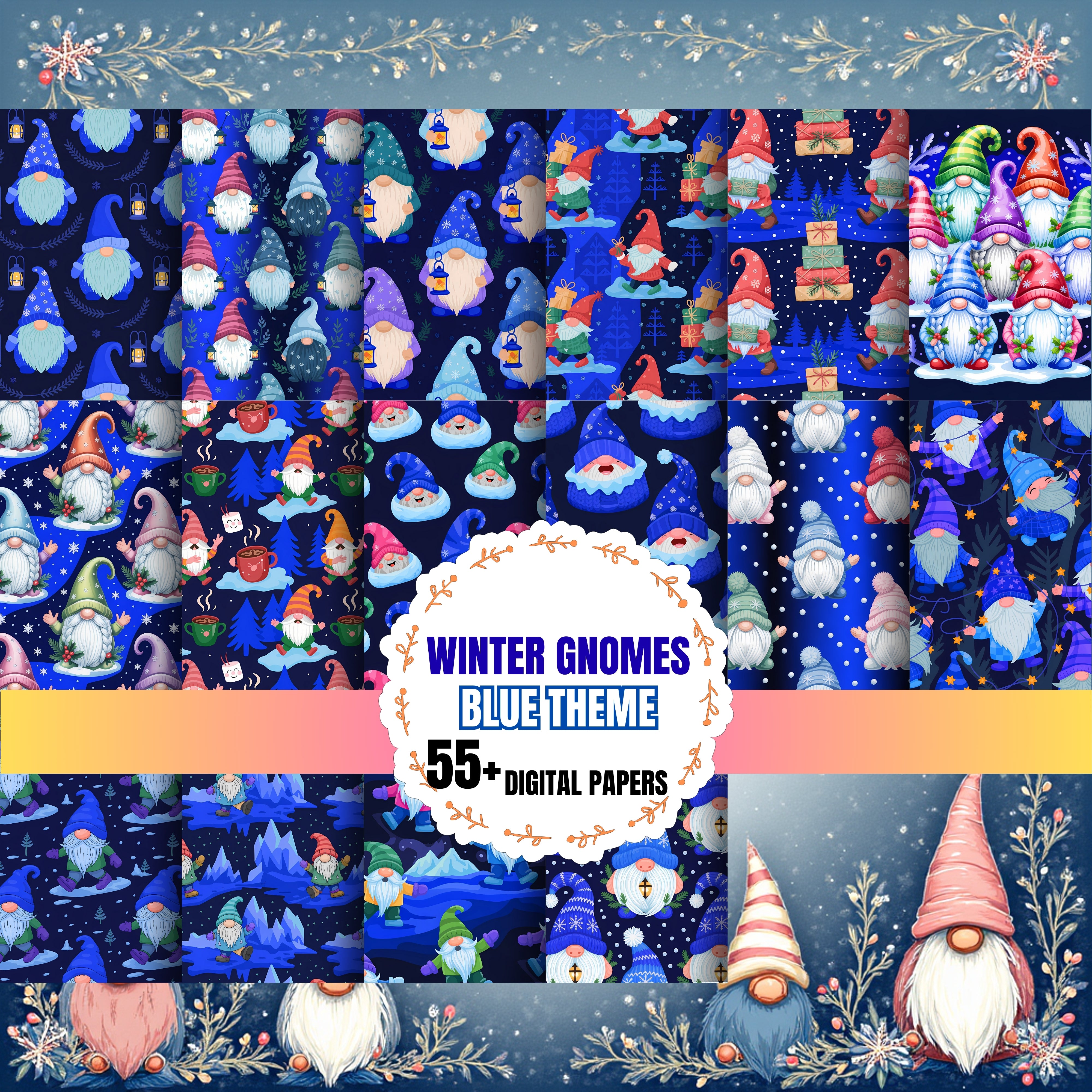 Winter Gnomes Blue Theme Clipart Bundle