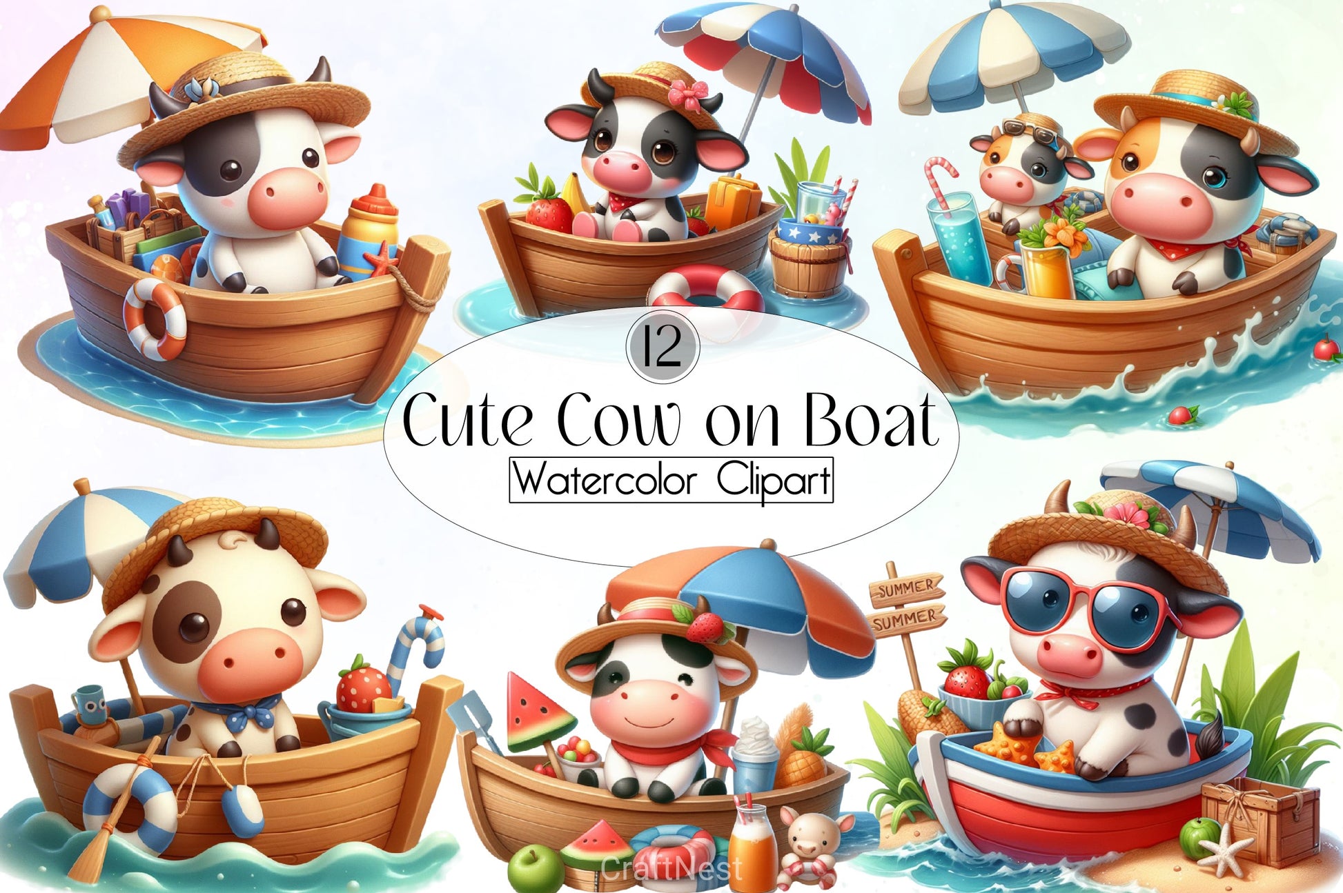 Cute Cow Boat Summer Clipart Bundle - CraftNest - Digital Crafting and Art