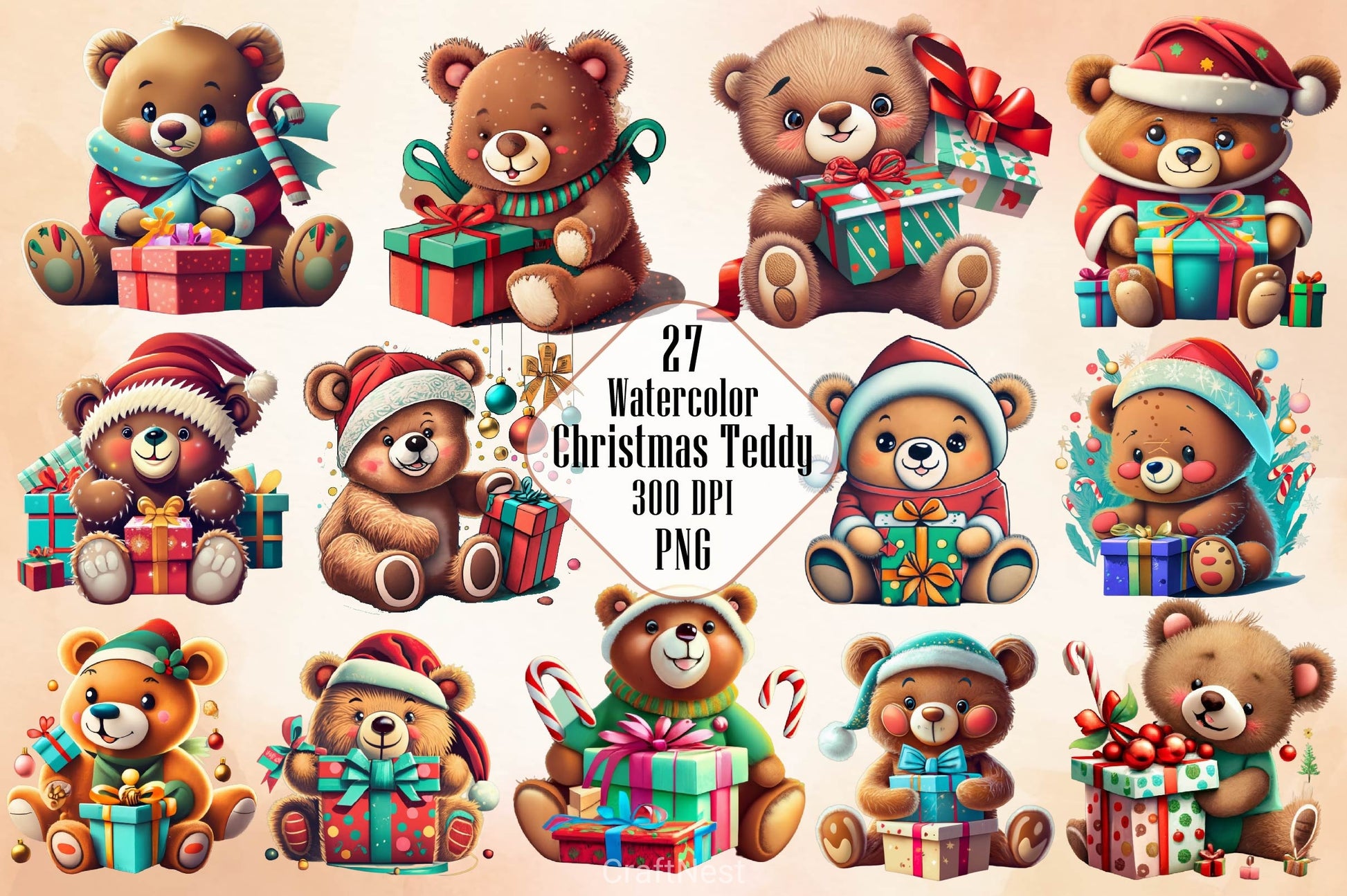 Christmas Teddy Bear Clipart Bundle 2 - CraftNest - Digital Crafting and Art