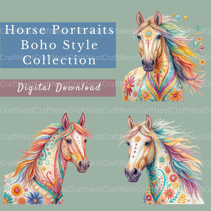 Horse Portraits Boho Clipart Bundle - CraftNest - Digital Crafting and Art