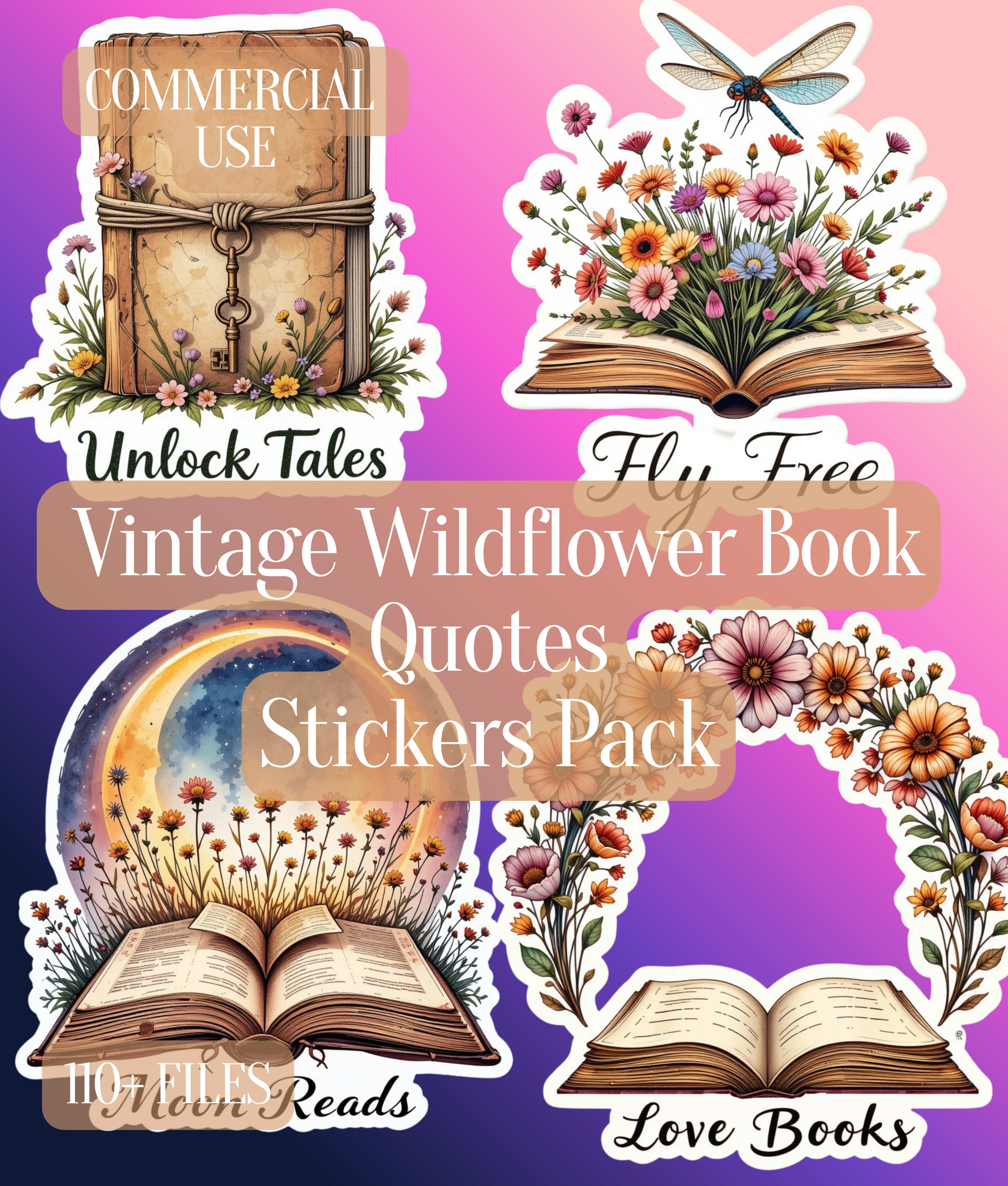 Vintage Wildflower Book Quotes Clipart Bundle