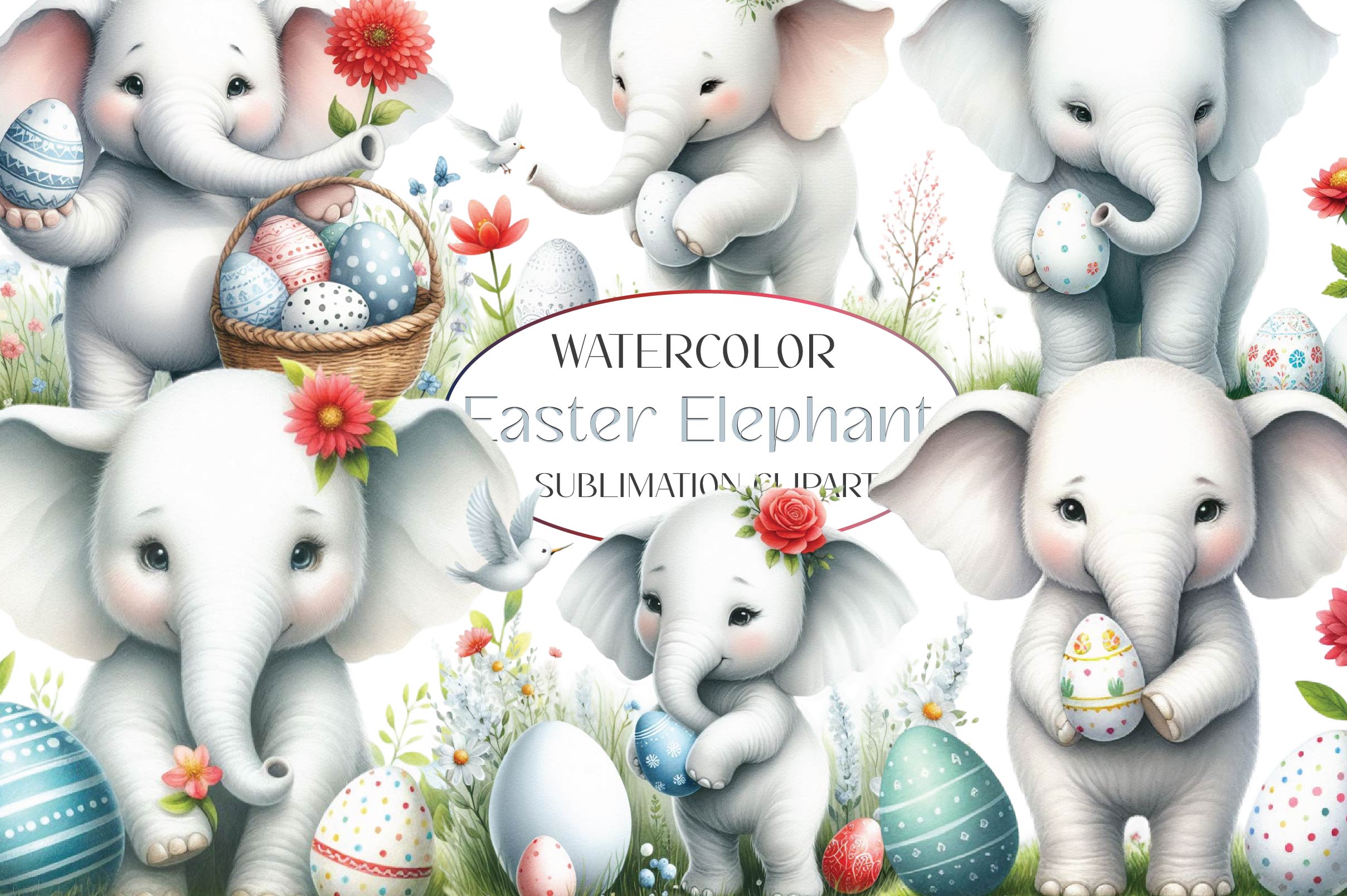 Watercolour Easter Elephant Clipart Bundle - CraftNest - Digital Crafting and Art