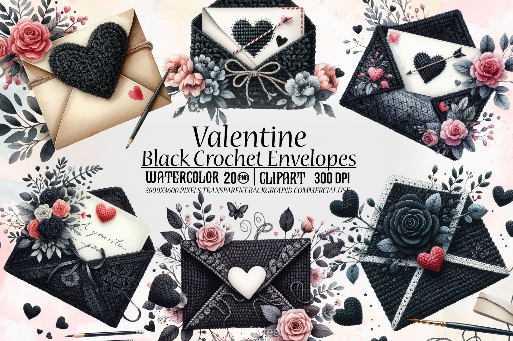 Black Valentine Crochet Envelopes Bundle - CraftNest - Digital Crafting and Art