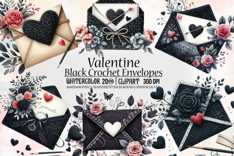 Black Valentine Crochet Envelopes Bundle - CraftNest - Digital Crafting and Art