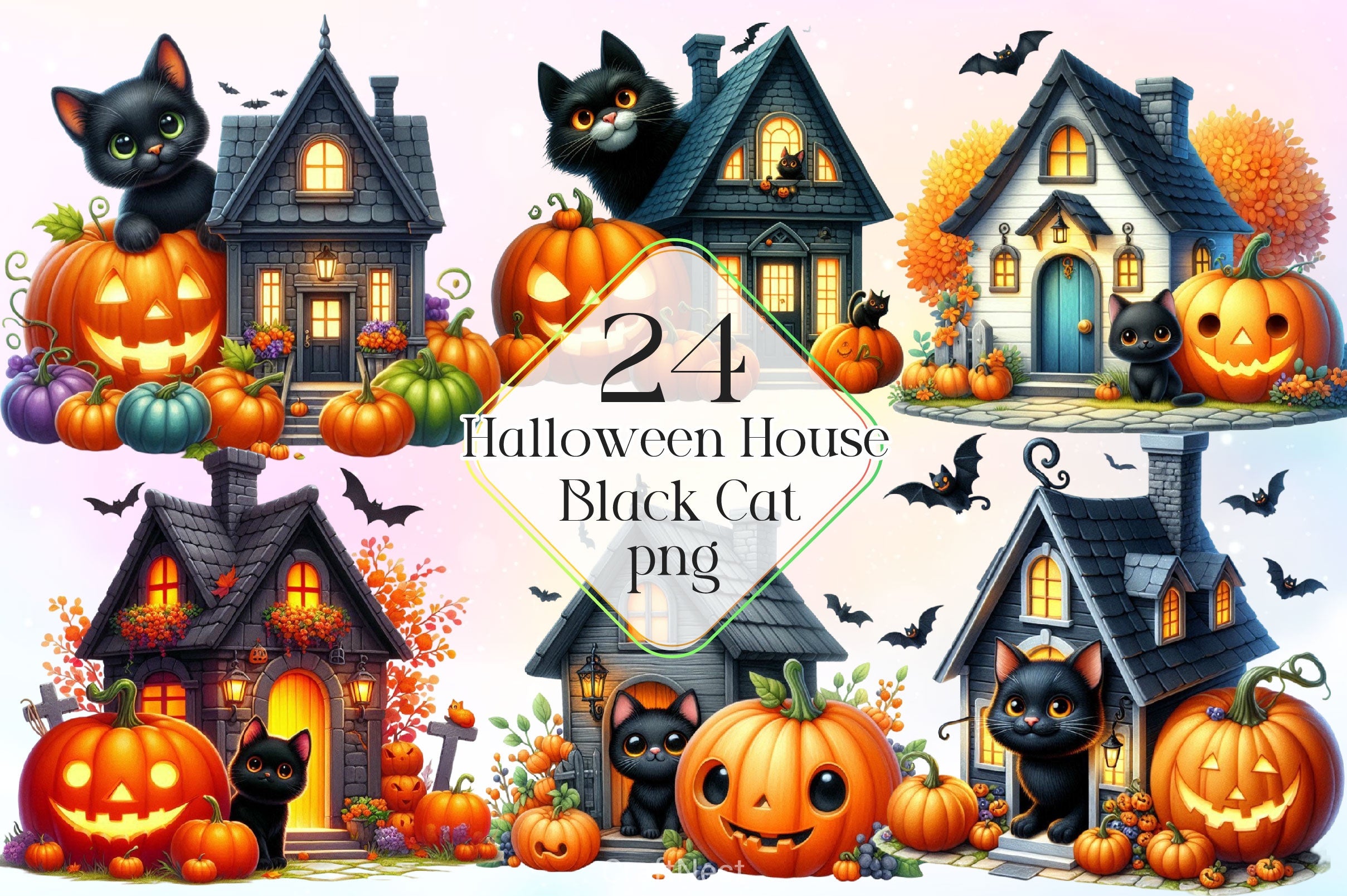 Halloween Black Cat With House Clipart Bundle - CraftNest - Digital Crafting and Art