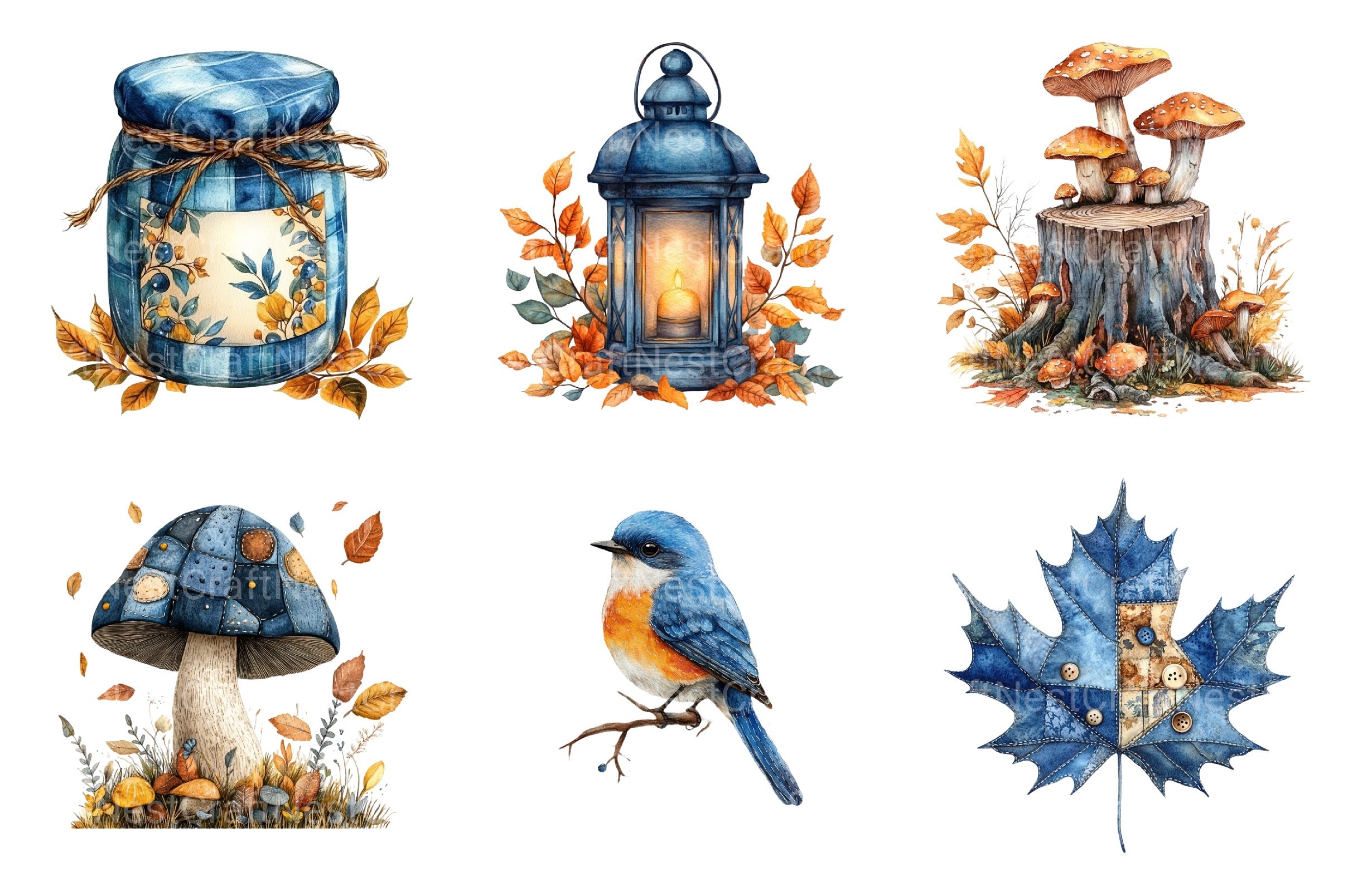 Blue Patchwork Autumn Clipart Set Bundle - CraftNest - Digital Crafting and Art