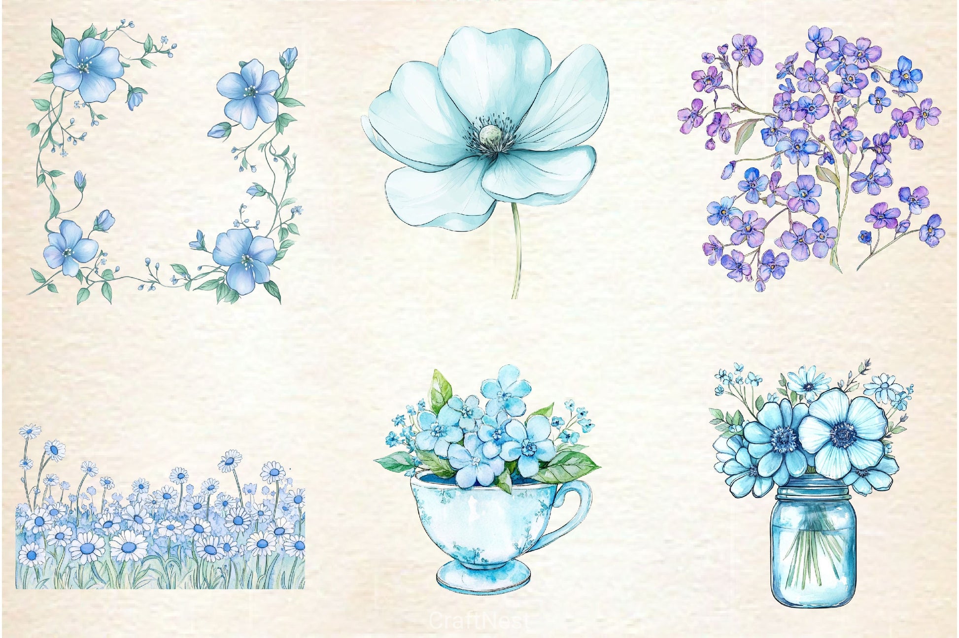 Blue Flower Clipart Bundle - CraftNest - Digital Crafting and Art