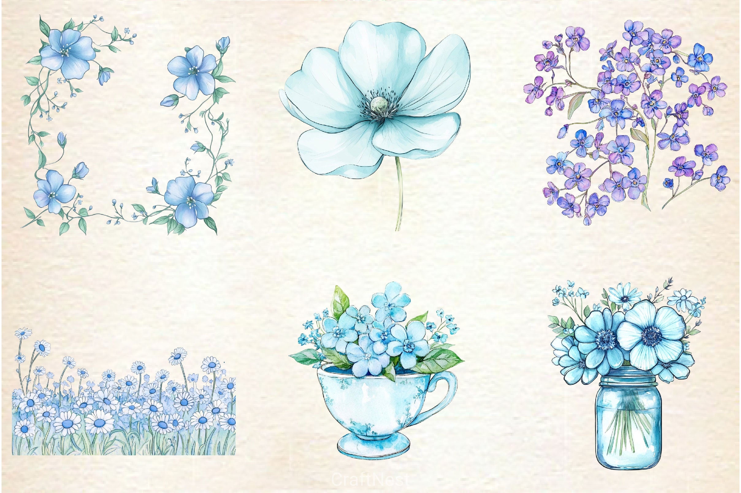 Blue Flower Clipart Bundle - CraftNest - Digital Crafting and Art