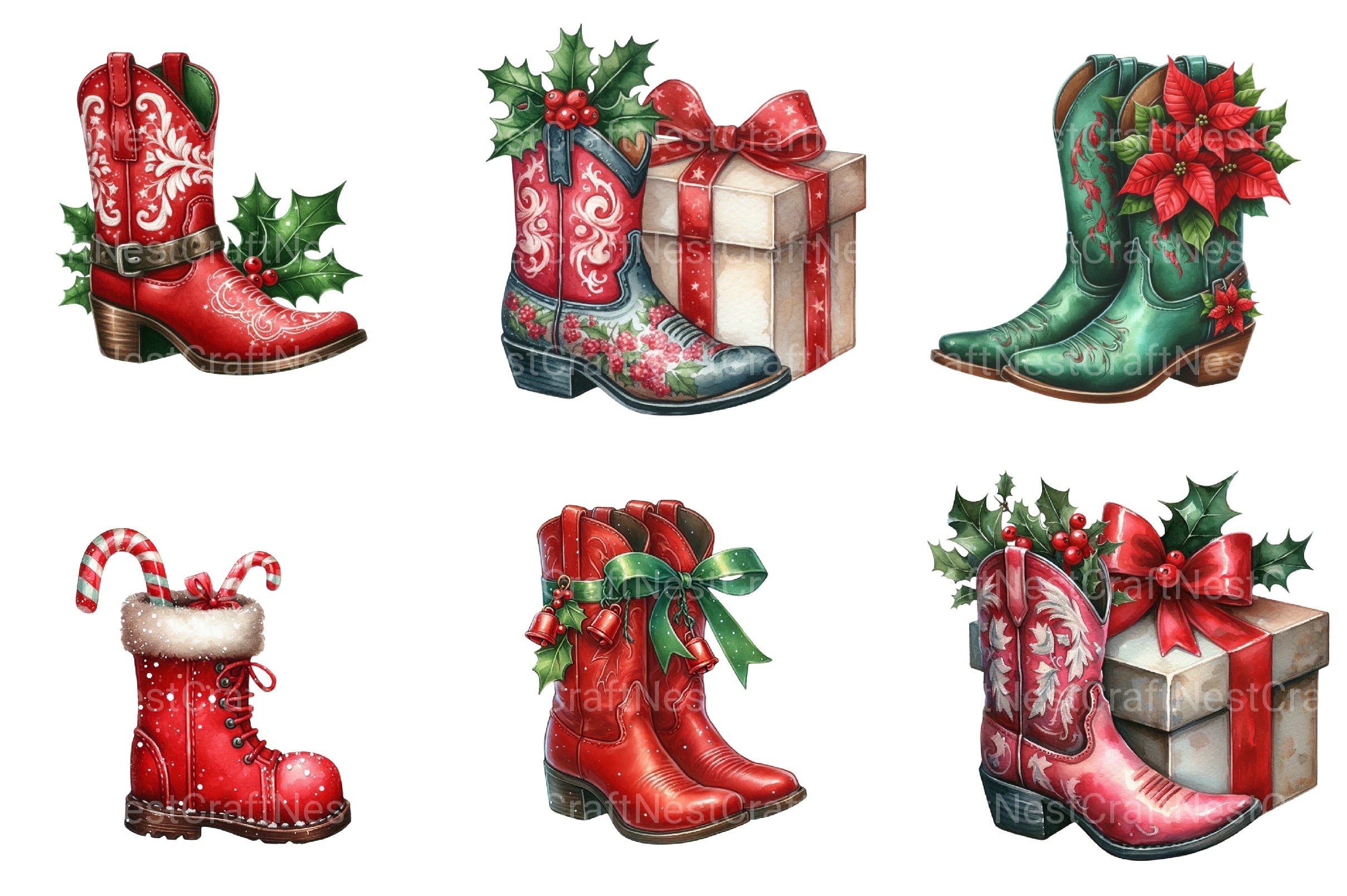 Festive Christmas Cowboy Boots Clipart Bundle - CraftNest - Digital Crafting and Art