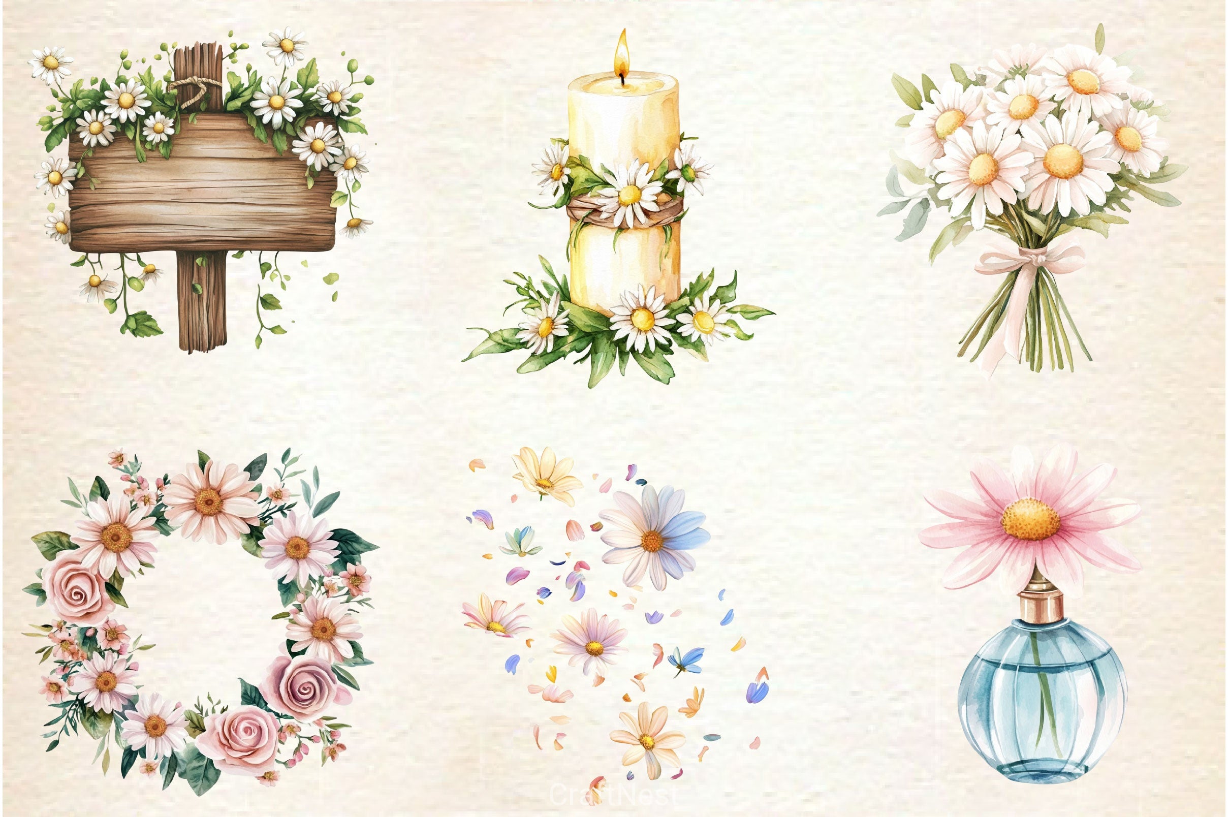 Pastel Daisies Wedding Clipart Bundle - CraftNest - Digital Crafting and Art