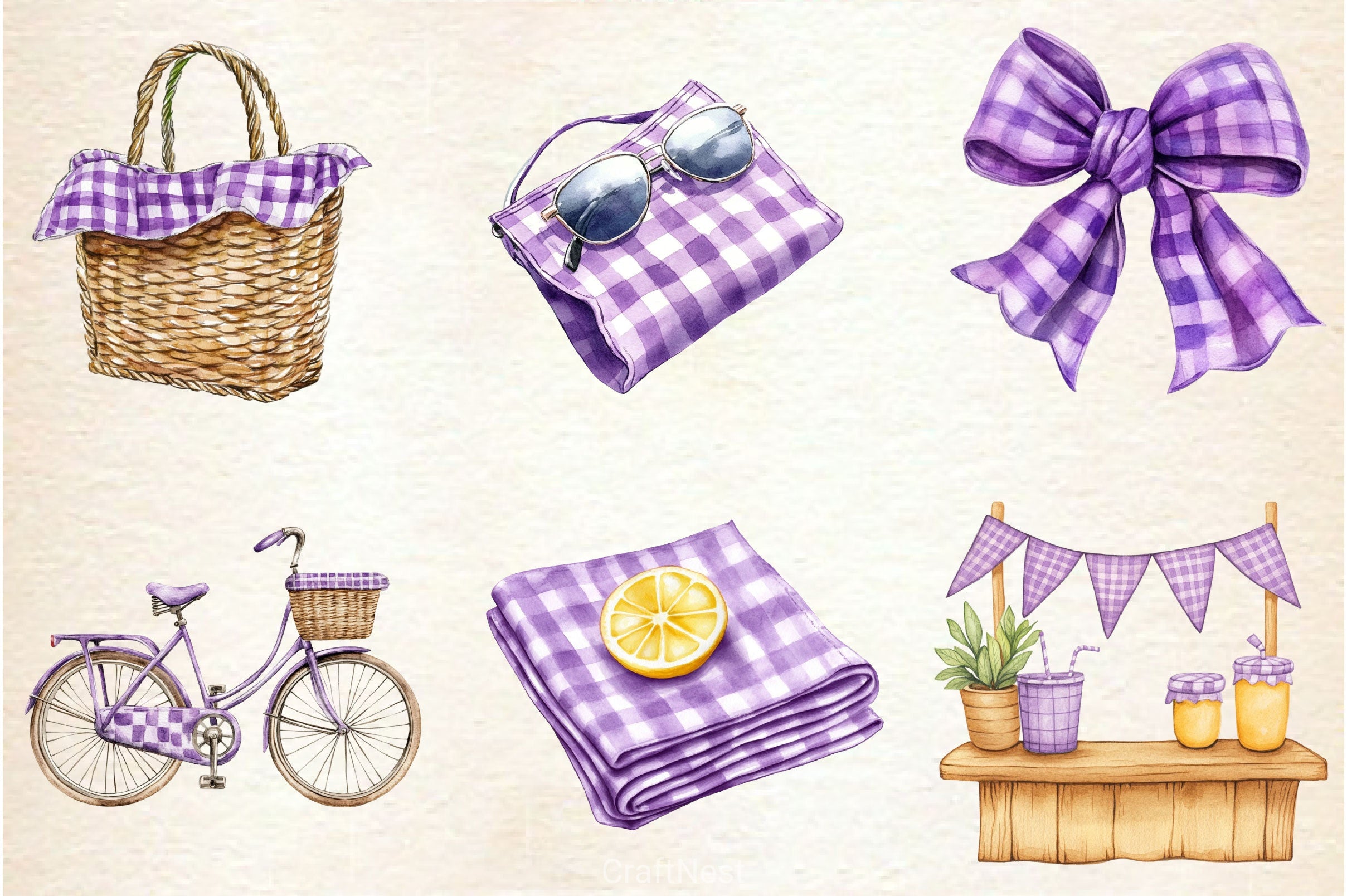 Purple Gingham Summer Clipart Bundle - CraftNest - Digital Crafting and Art