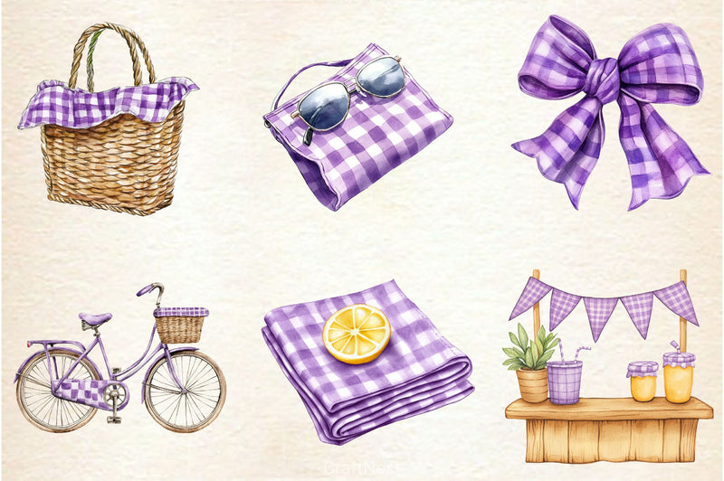 Purple Gingham Summer Clipart Bundle - CraftNest - Digital Crafting and Art
