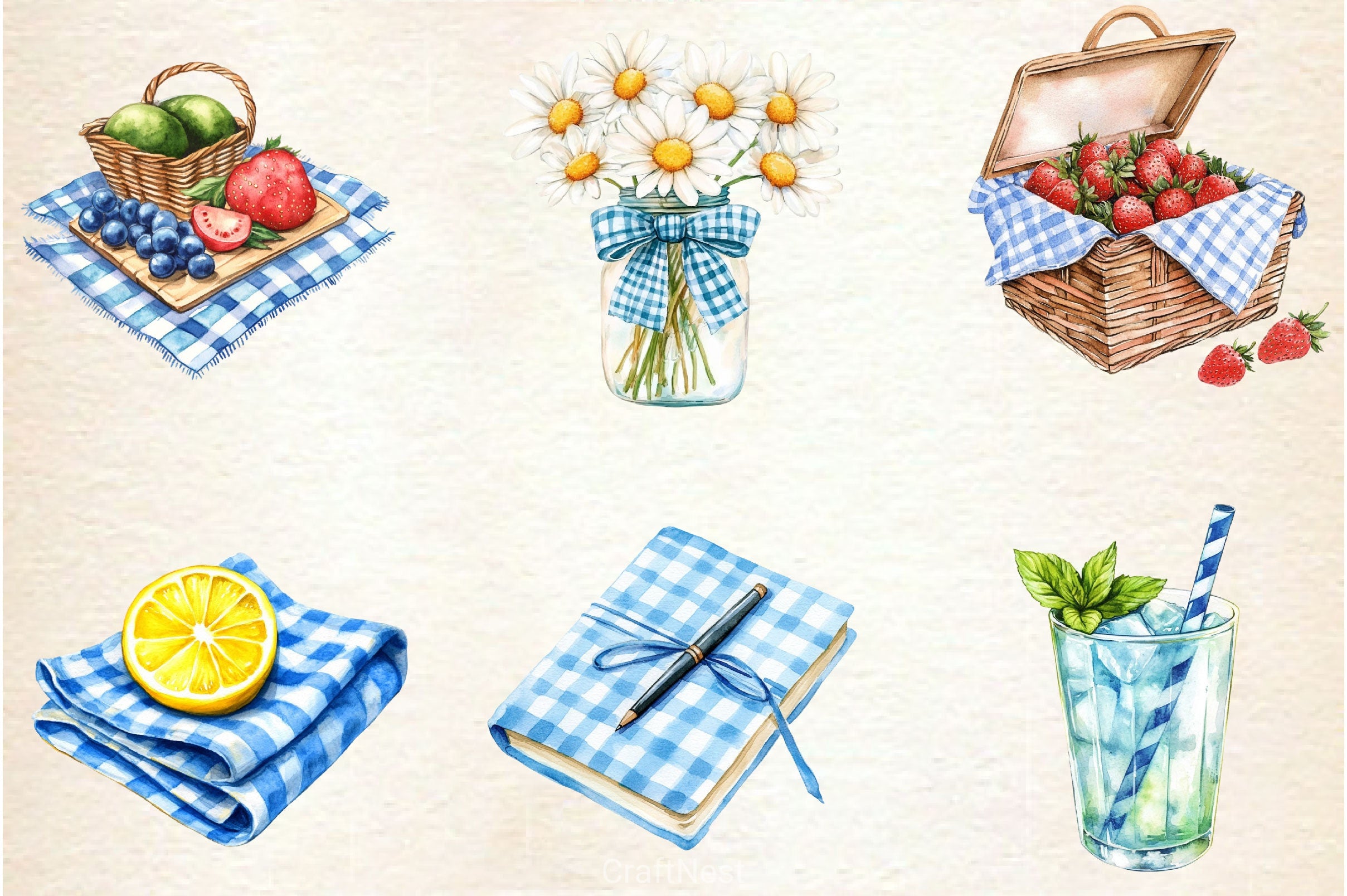 Blue Gingham Summer Clipart Bundle - CraftNest - Digital Crafting and Art