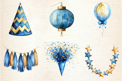 Blue And Gold Party Decorations Clipart Bundle - CraftNest - Digital Crafting and Art