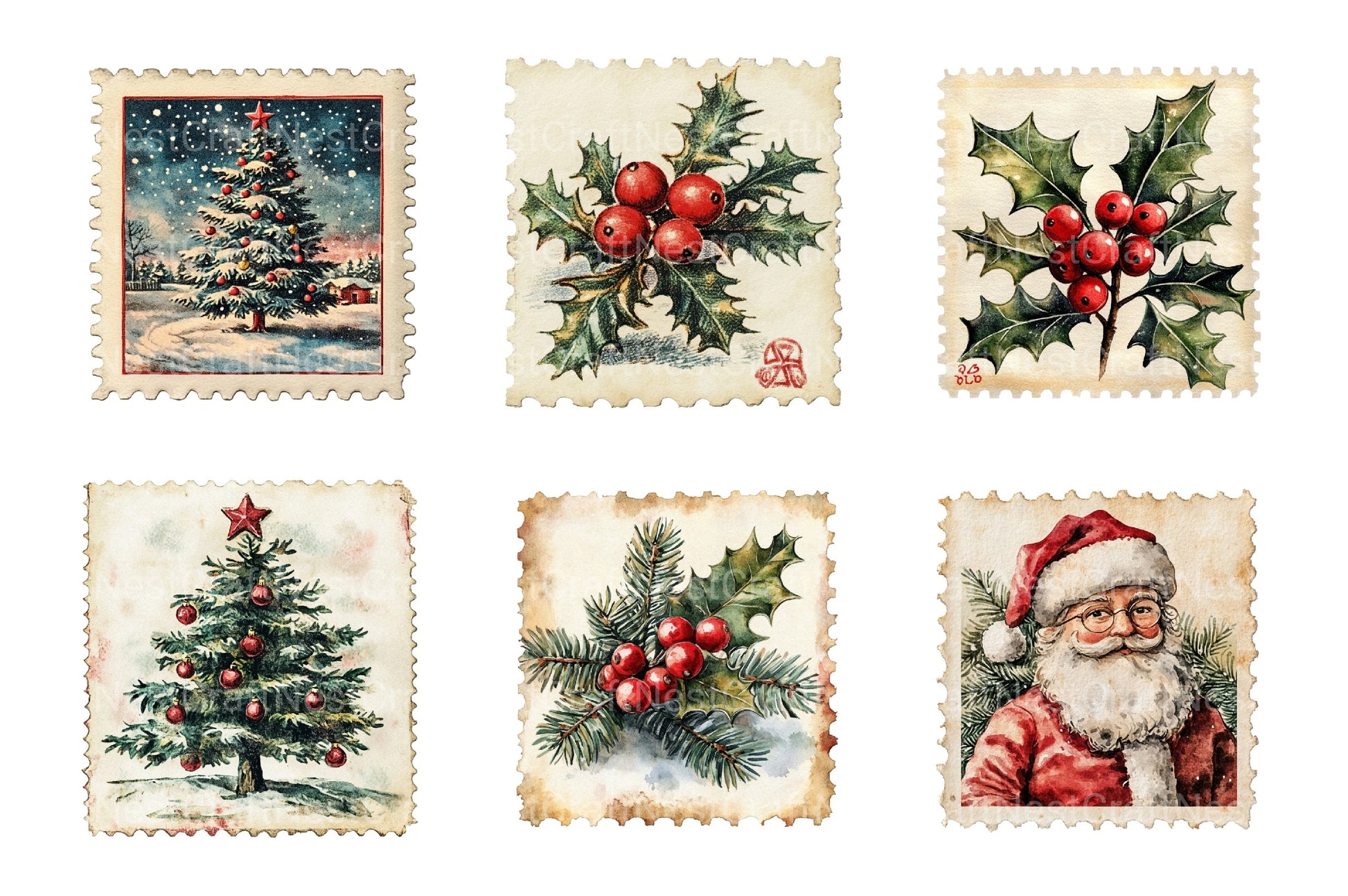 Vintage Christmas Stamps: Retro Santa, Snowman, Tree Clipart Bundle 98 - CraftNest - Digital Crafting and Art