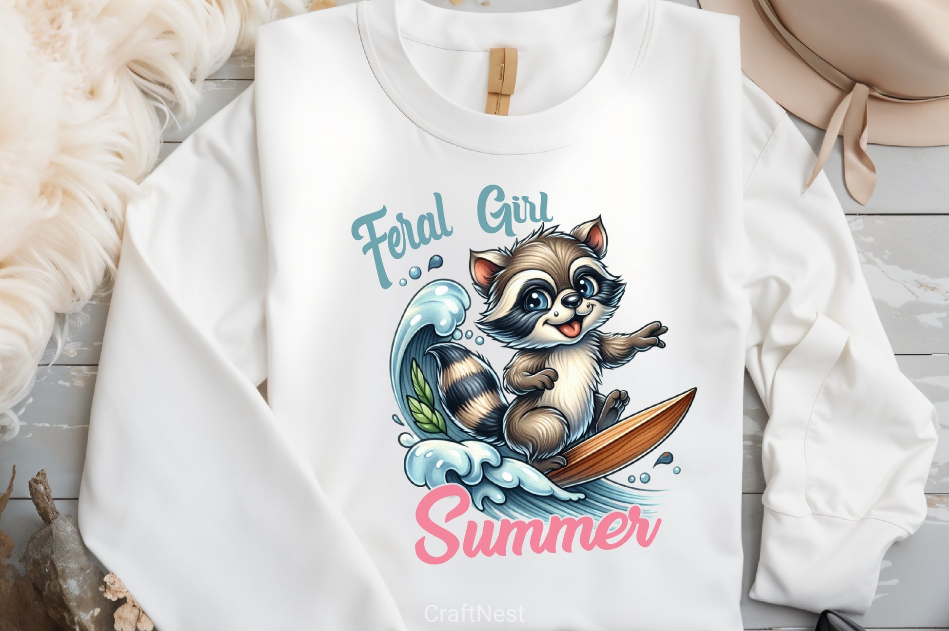 Feral Girl Summer Raccoon Surfboard Clipart Bundle - CraftNest - Digital Crafting and Art