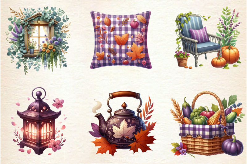 Purple Autumn Cottage Clipart Bundle - CraftNest - Digital Crafting and Art